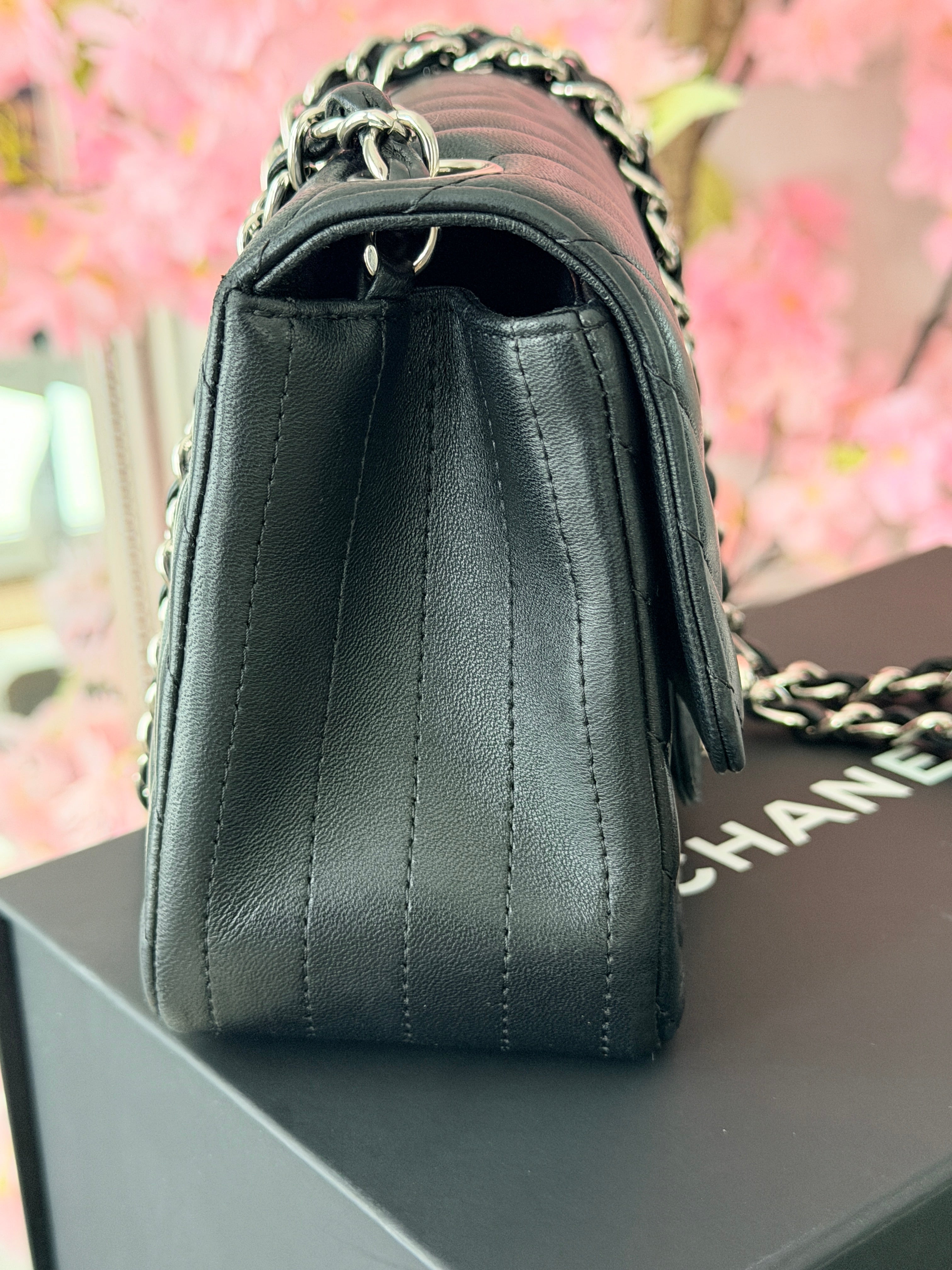 Chanel Mini Chevron Flap Black Lambskin Leather with Silver Hardware