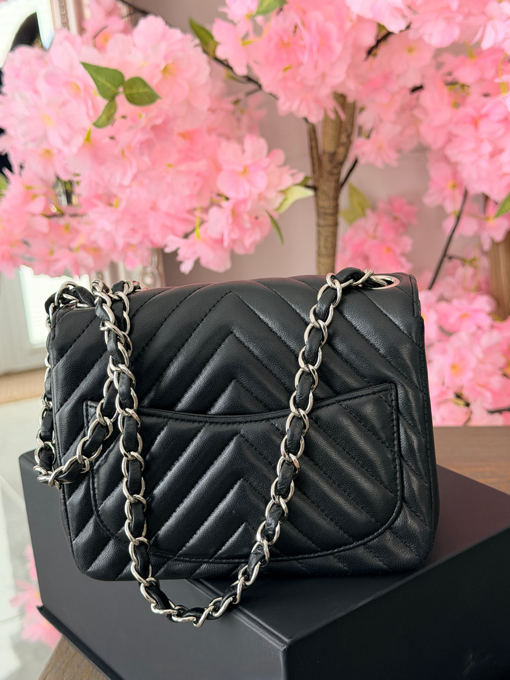 Chanel Mini Chevron Flap Black Lambskin Leather with Silver Hardware