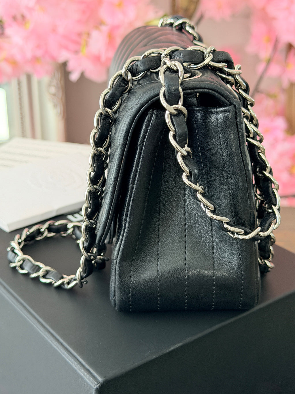 Chanel Mini Chevron Flap Black Lambskin Leather with Silver Hardware