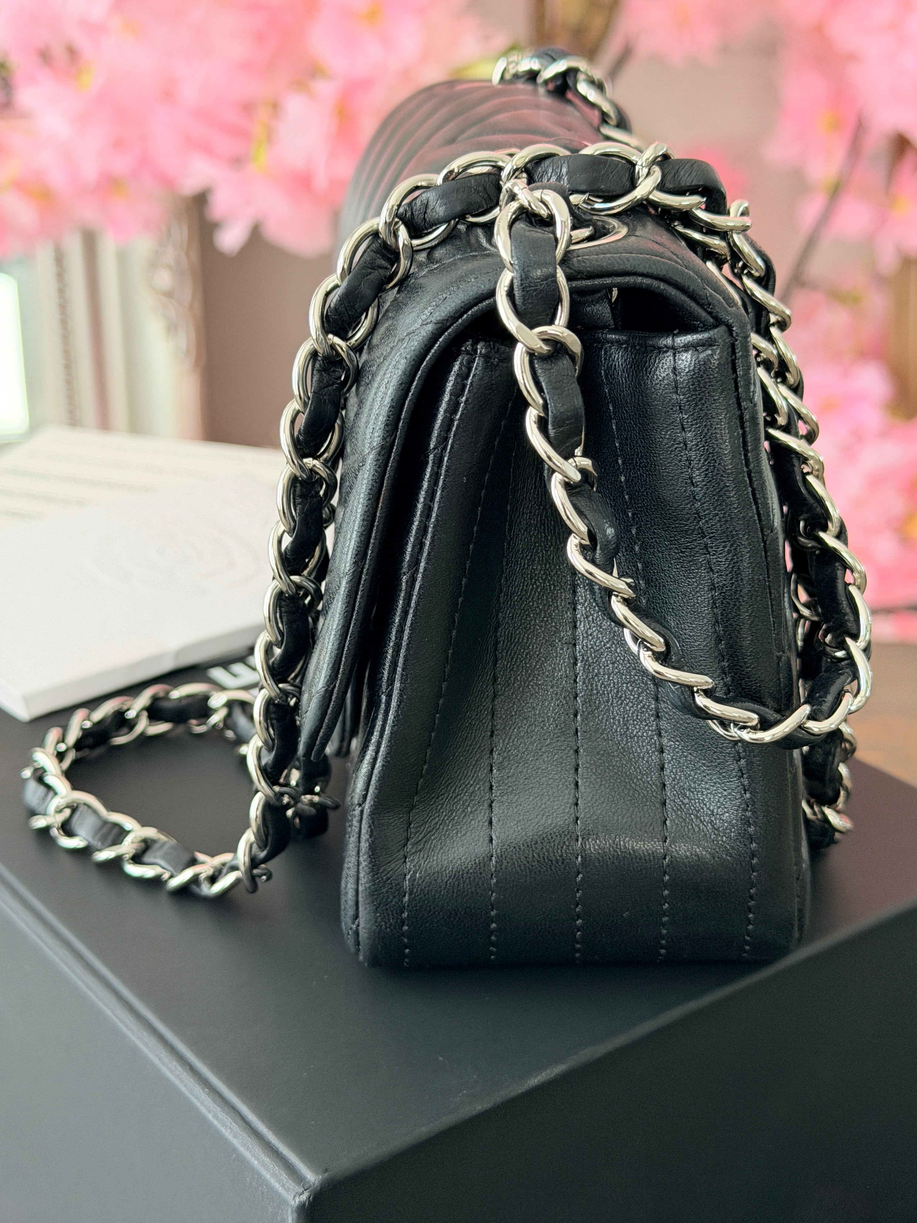 Chanel Mini Chevron Flap Black Lambskin Leather with Silver Hardware