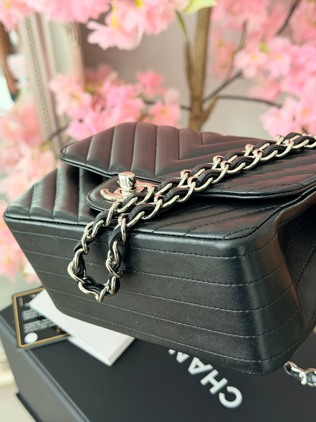 Chanel Mini Chevron Flap Black Lambskin Leather with Silver Hardware