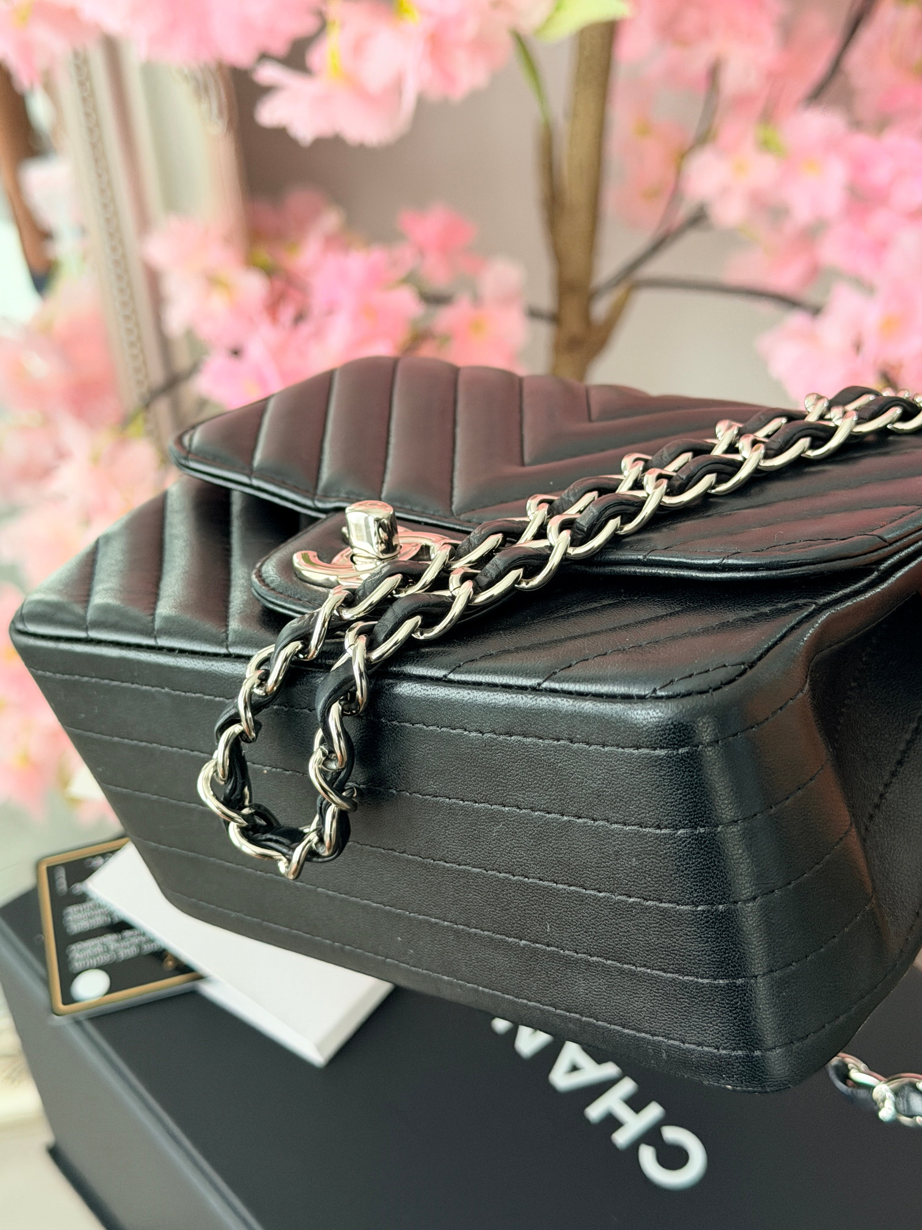 Chanel Mini Chevron Flap Black Lambskin Leather with Silver Hardware