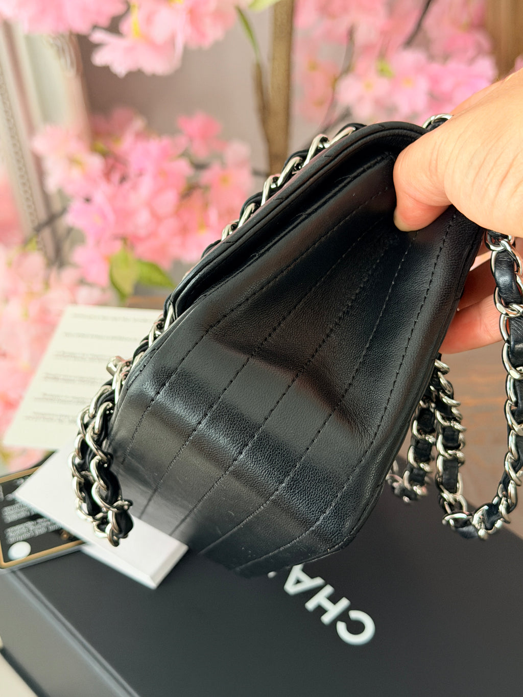 Chanel Mini Chevron Flap Black Lambskin Leather with Silver Hardware
