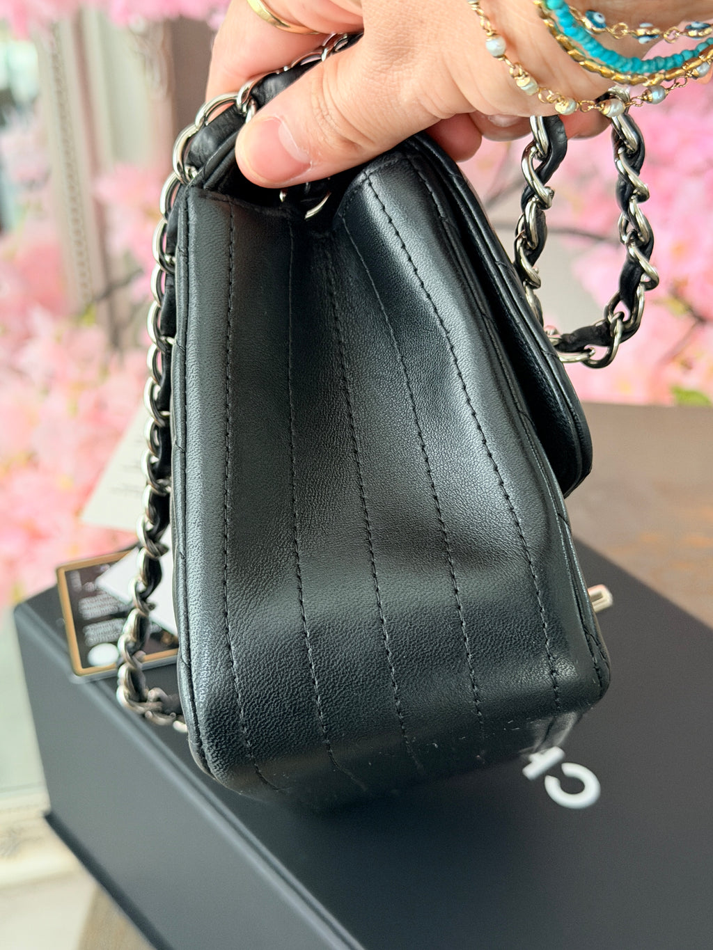 Chanel Mini Chevron Flap Black Lambskin Leather with Silver Hardware