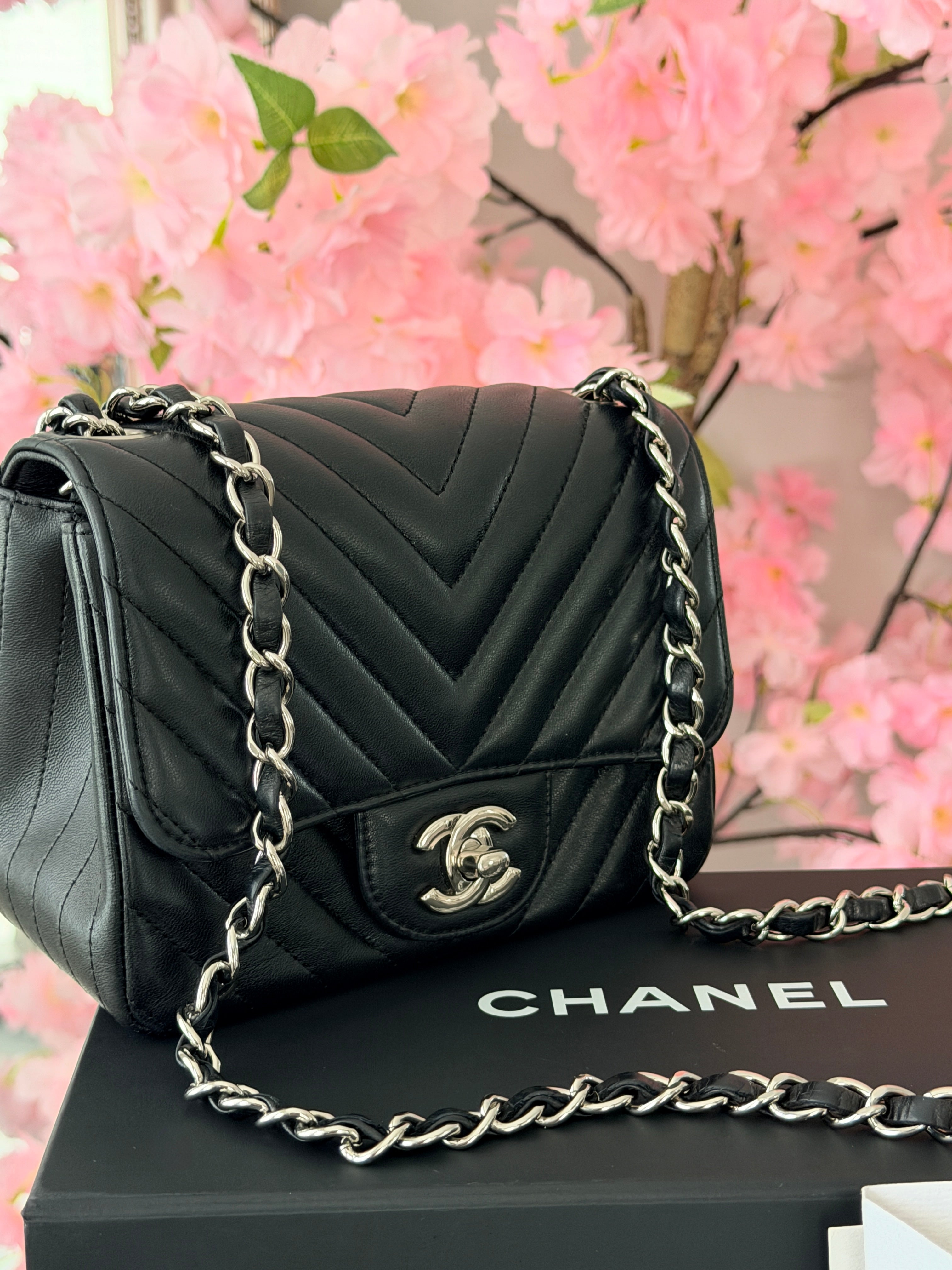 Chanel Mini Chevron Flap Black Lambskin Leather with Silver Hardware