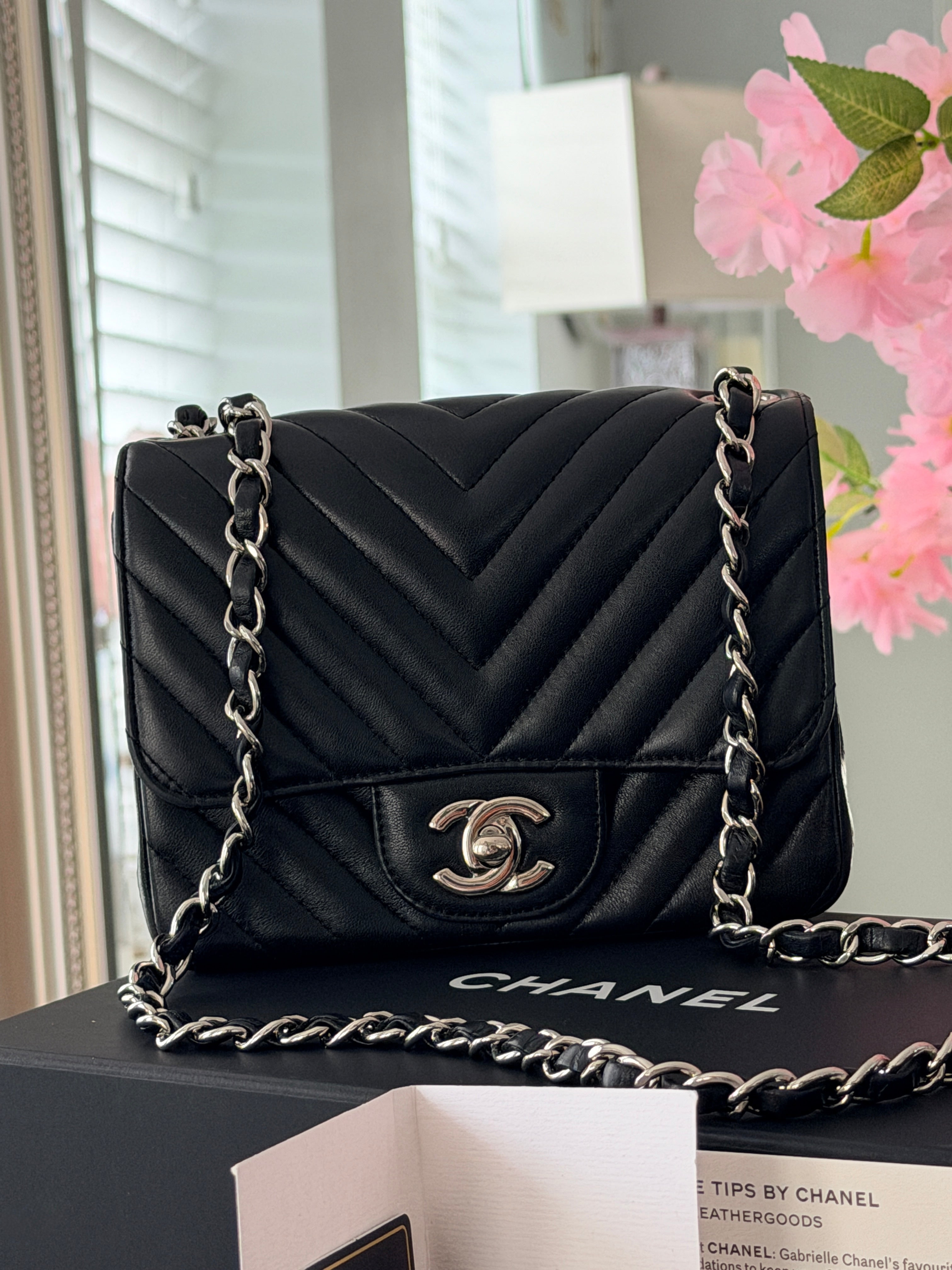 Chanel Mini Chevron Flap Black Lambskin Leather with Silver Hardware