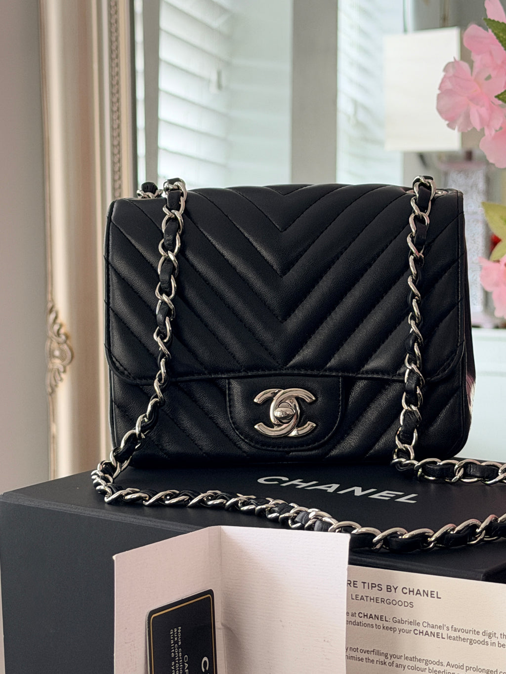 Chanel Mini Chevron Flap Black Lambskin Leather with Silver Hardware