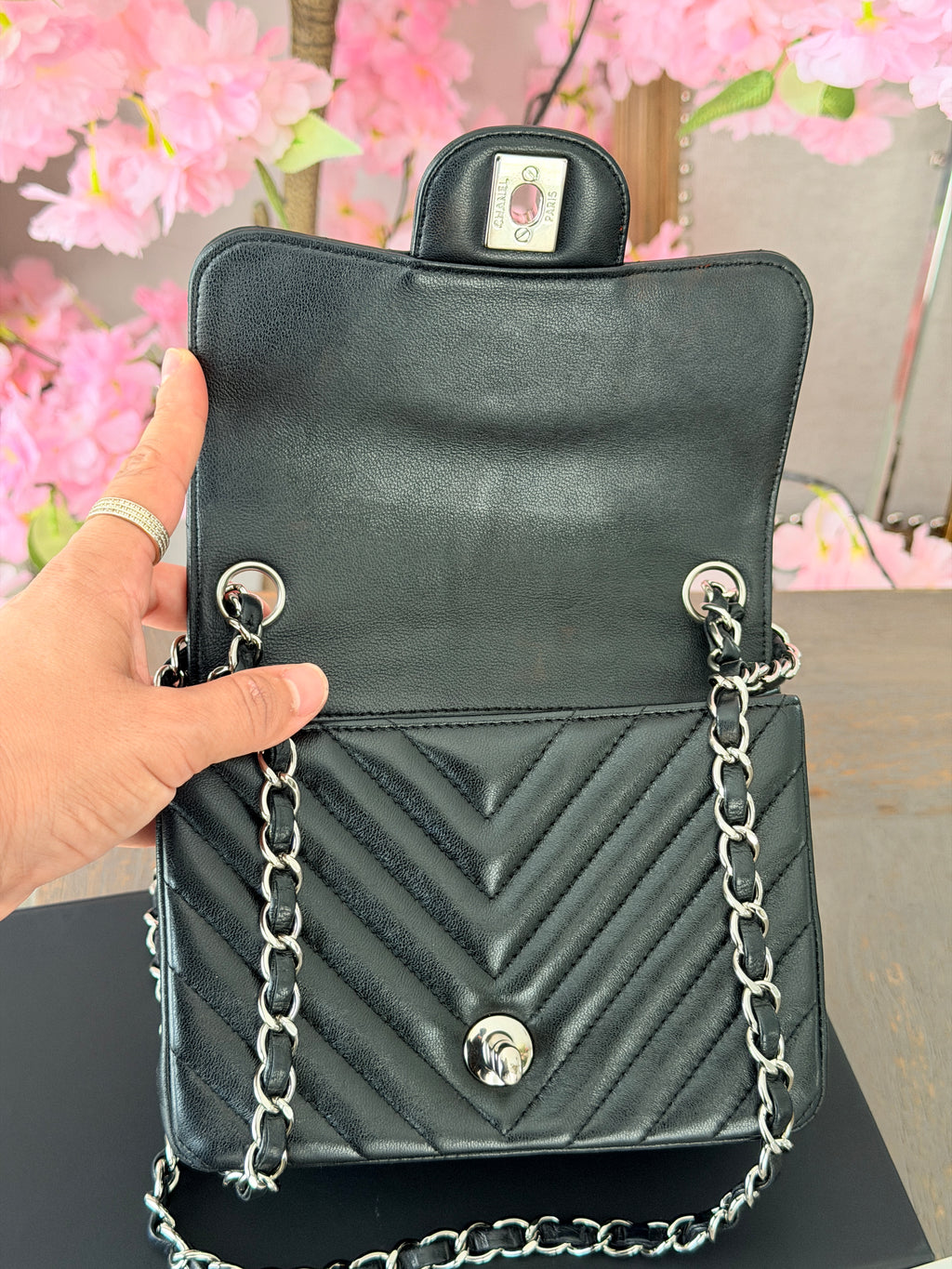 Chanel Mini Chevron Flap Black Lambskin Leather with Silver Hardware