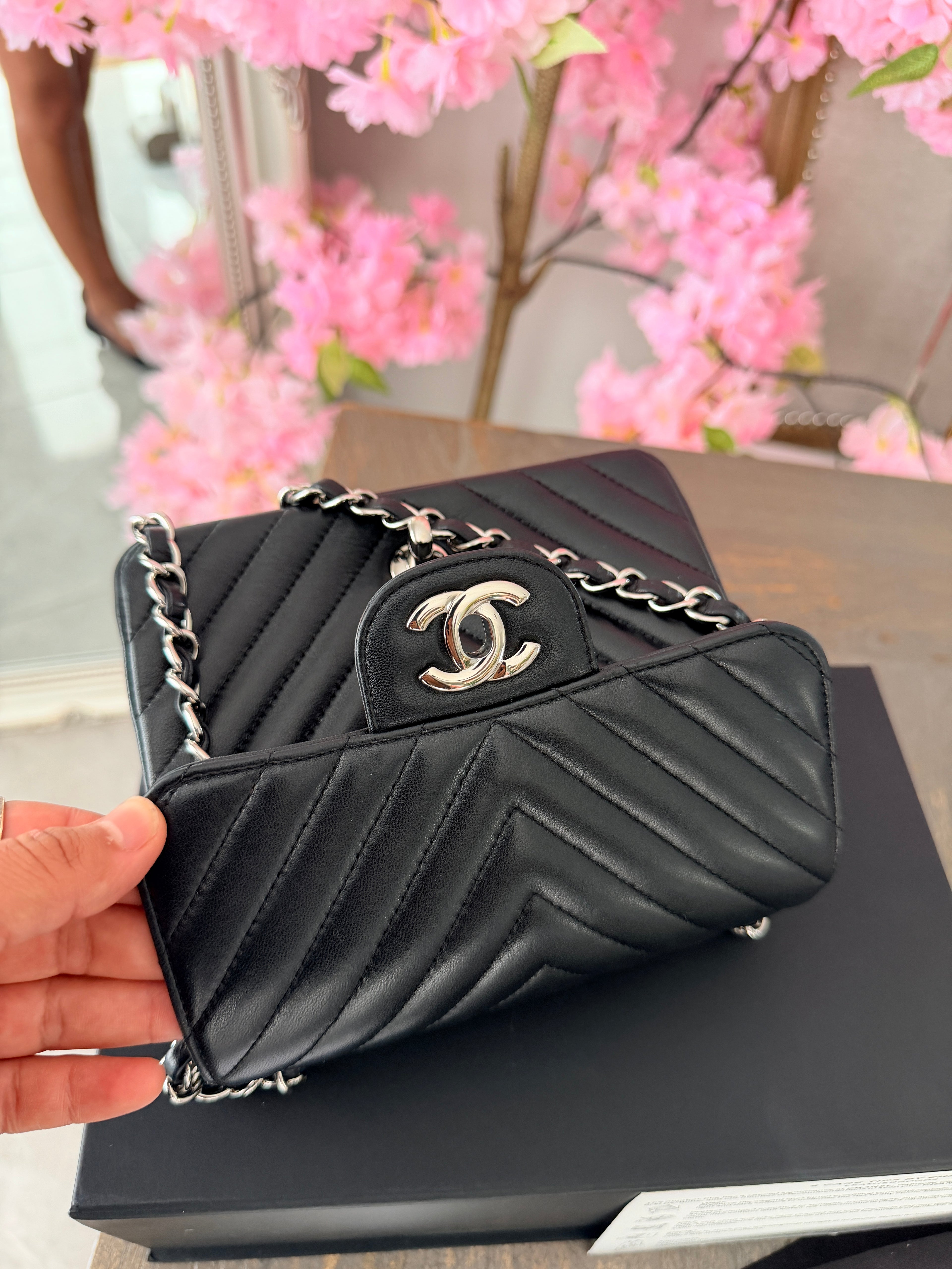 Chanel Mini Chevron Flap Black Lambskin Leather with Silver Hardware