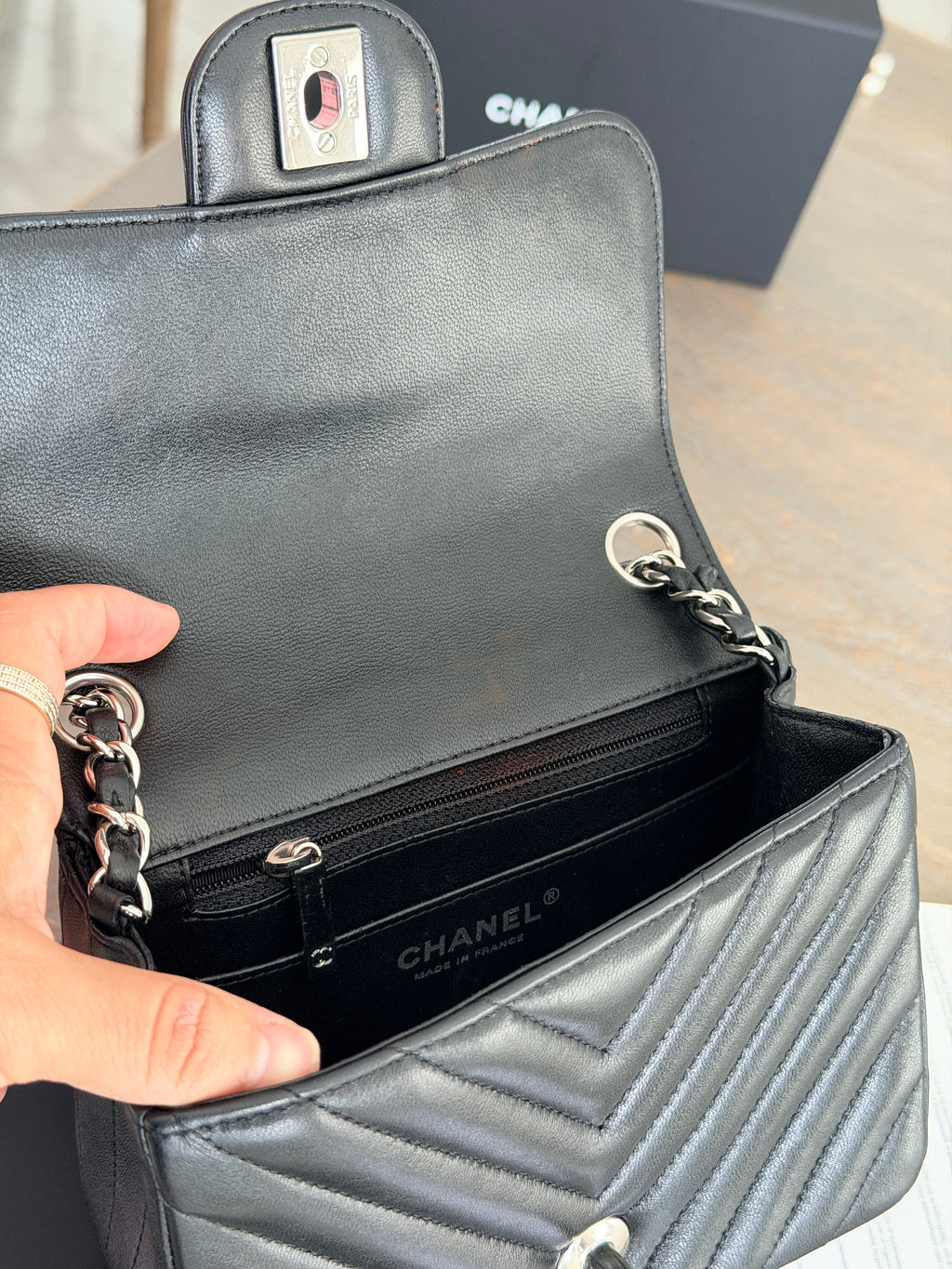 Chanel Mini Chevron Flap Black Lambskin Leather with Silver Hardware