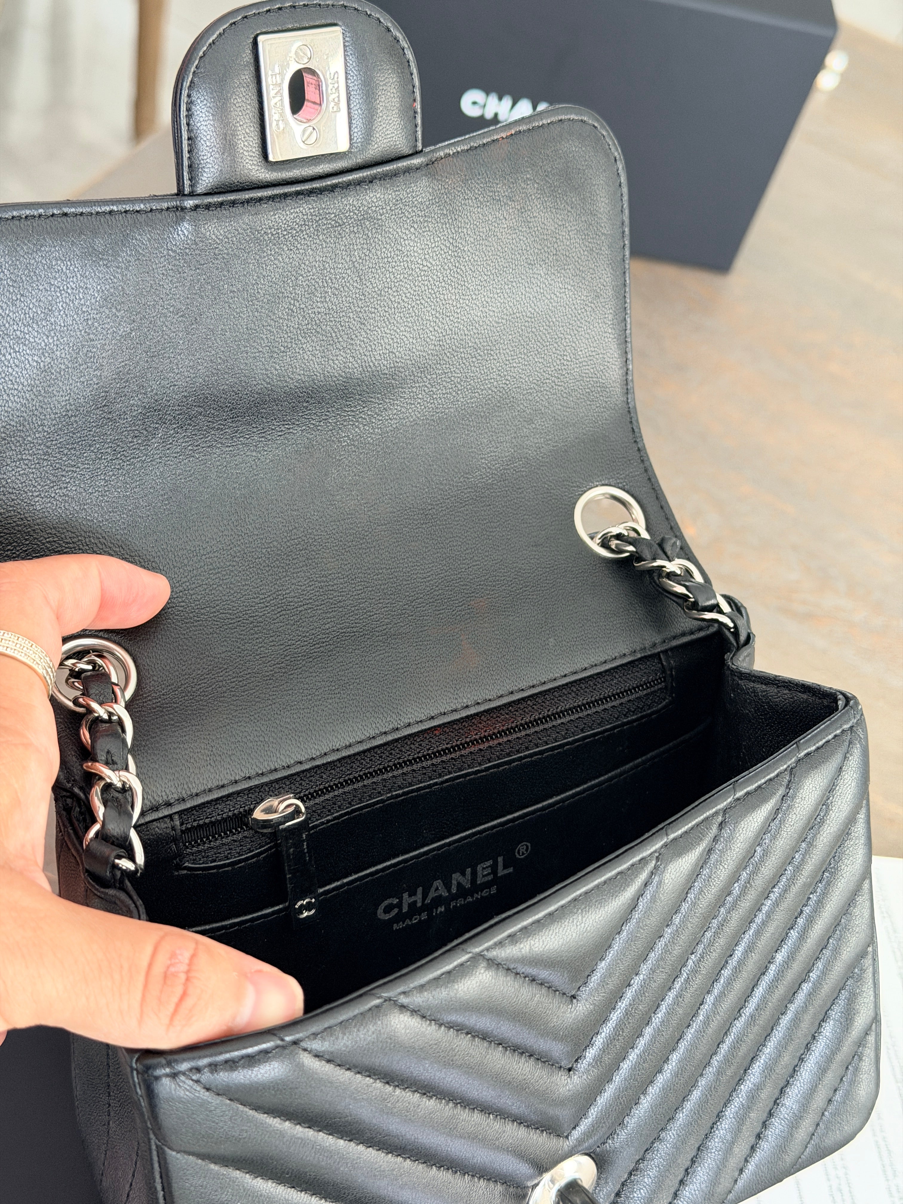 Chanel Mini Chevron Flap Black Lambskin Leather with Silver Hardware