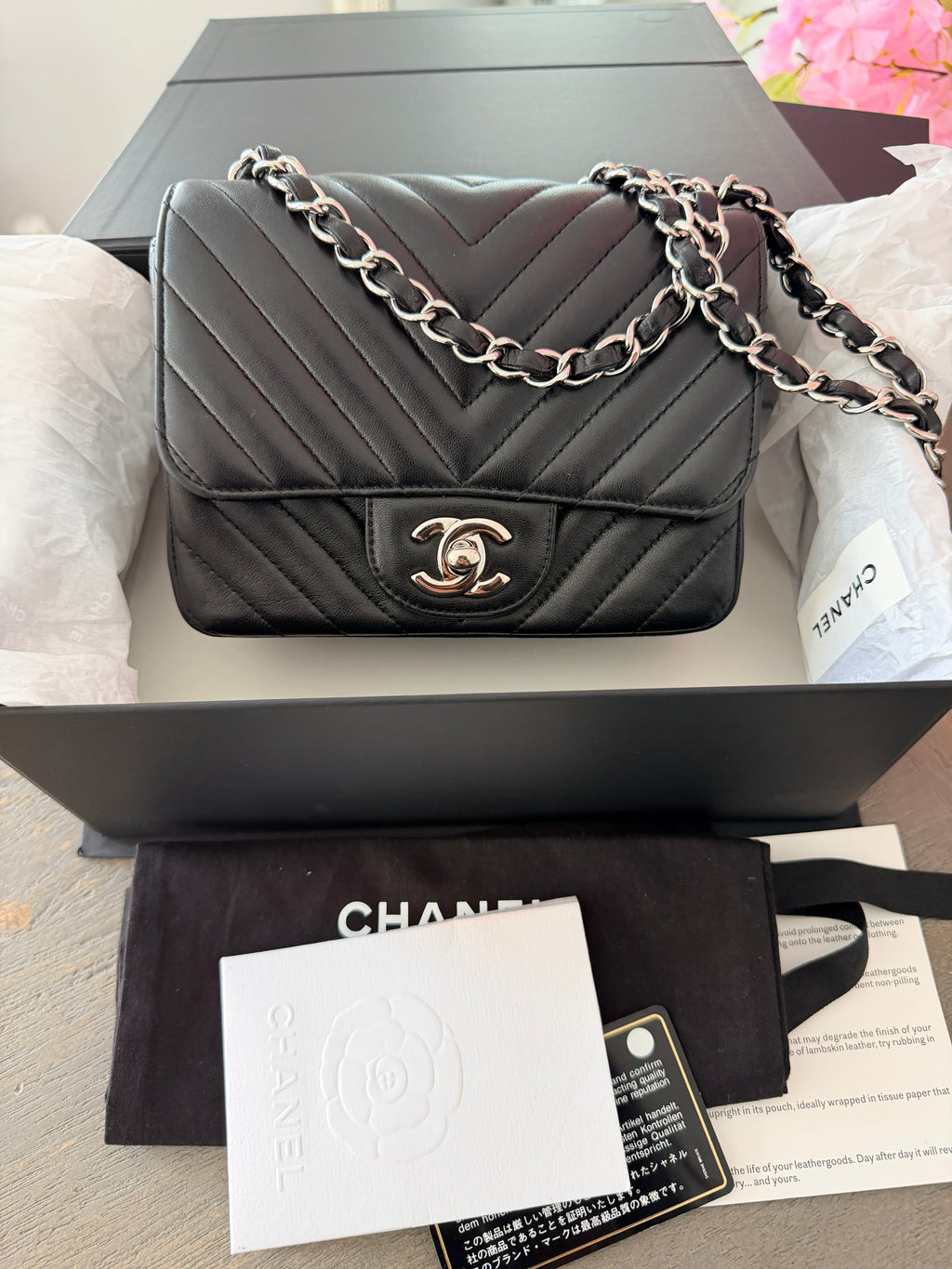 Chanel Mini Chevron Flap Black Lambskin Leather with Silver Hardware