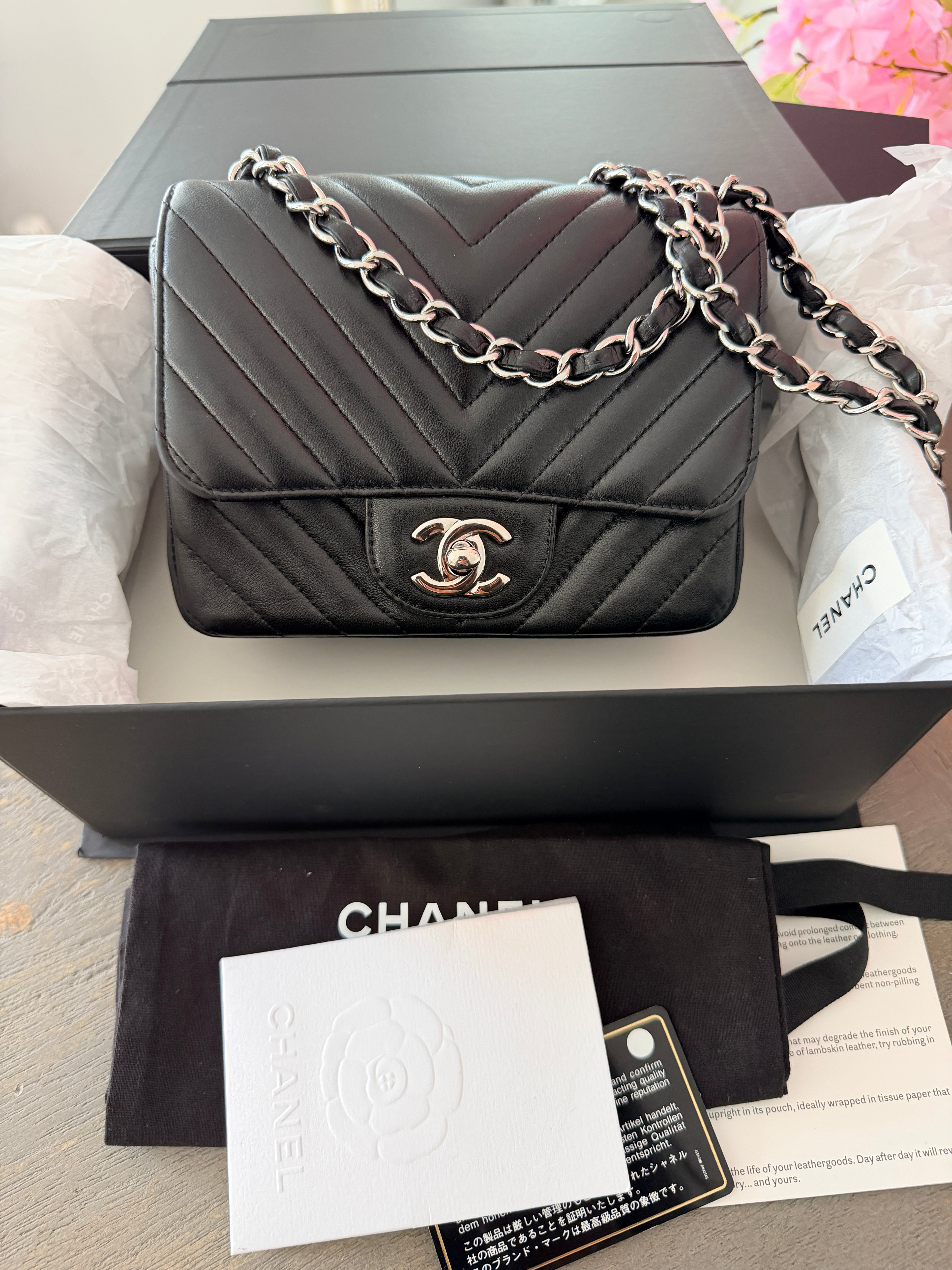 Chanel Mini Chevron Flap Black Lambskin Leather with Silver Hardware