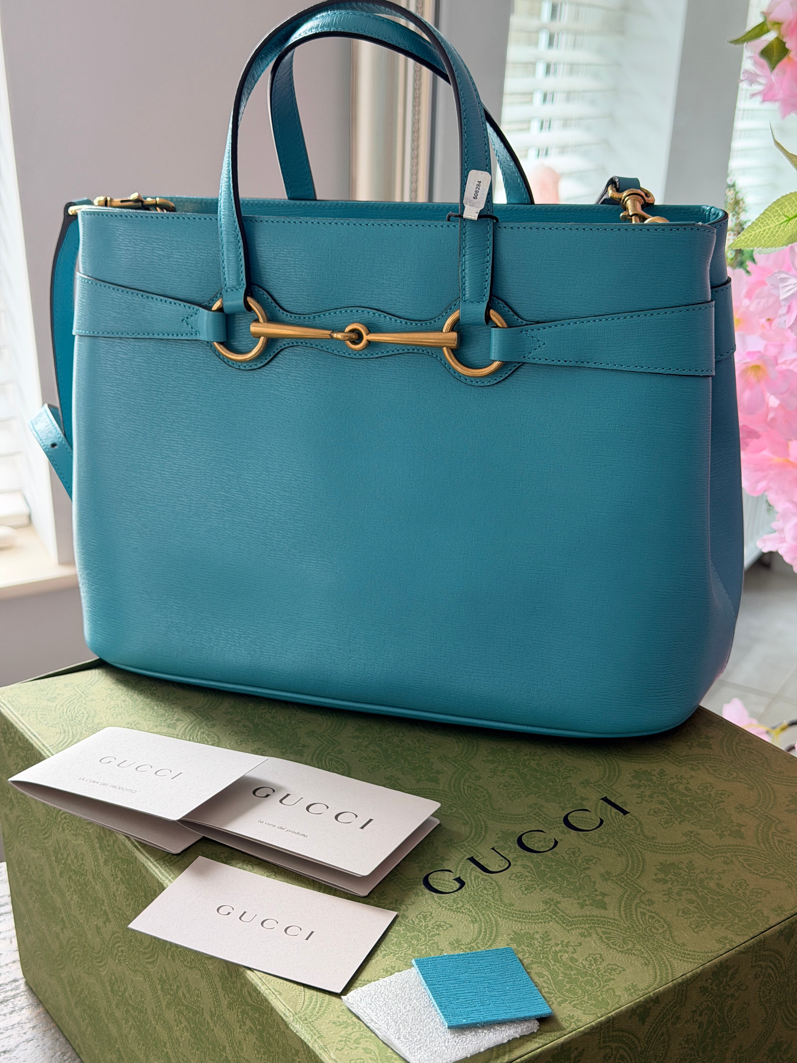 Gucci Horsebit Turquoise Leather Medium Tote Bag