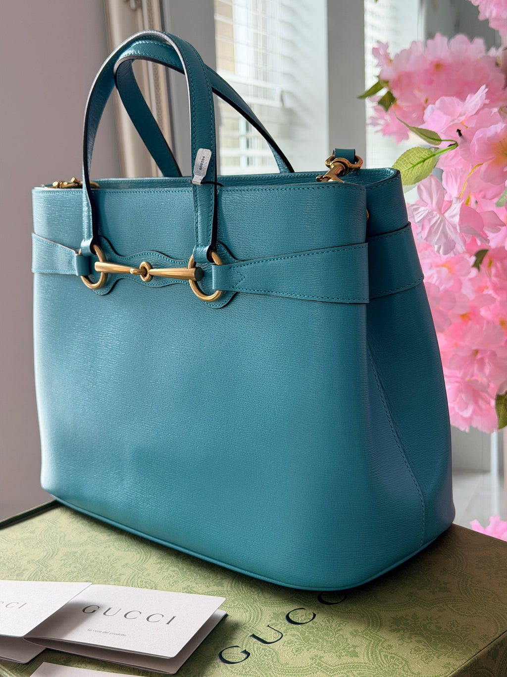 Gucci Horsebit Turquoise Leather Medium Tote Bag