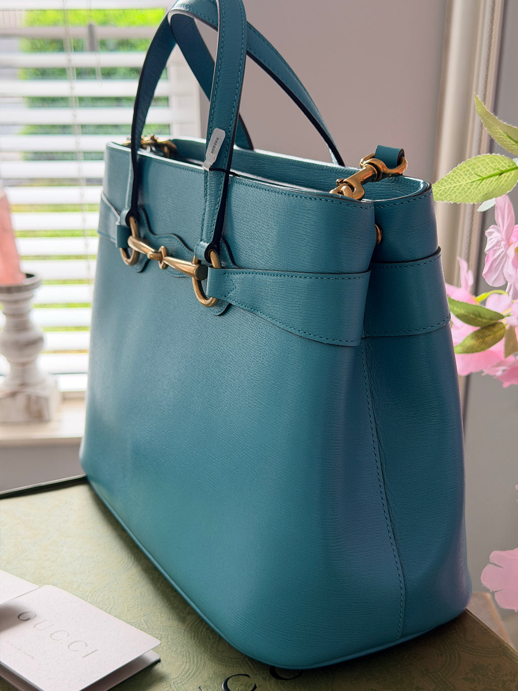 Gucci Horsebit Turquoise Leather Medium Tote Bag