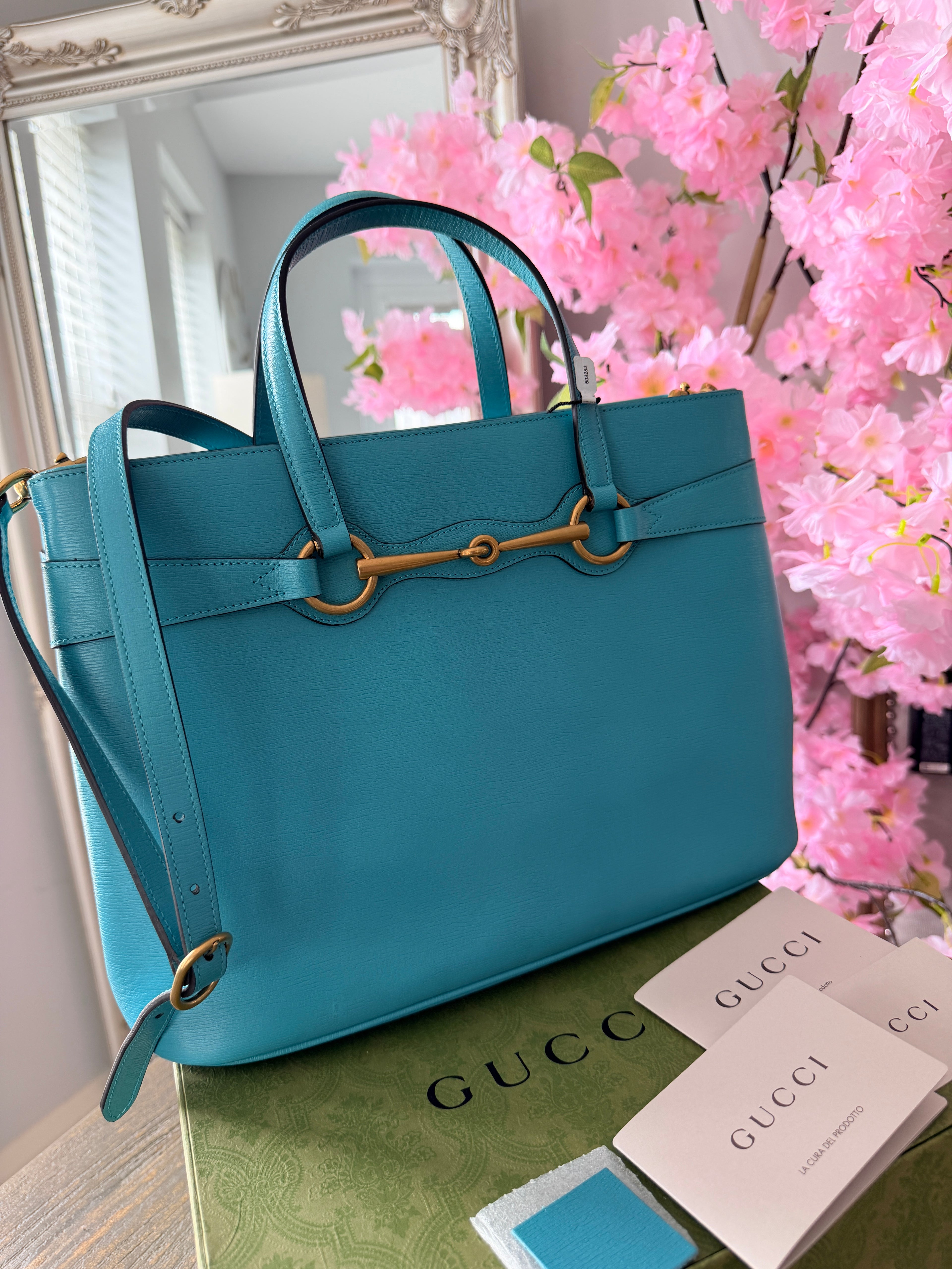 Gucci Horsebit Turquoise Leather Medium Tote Bag