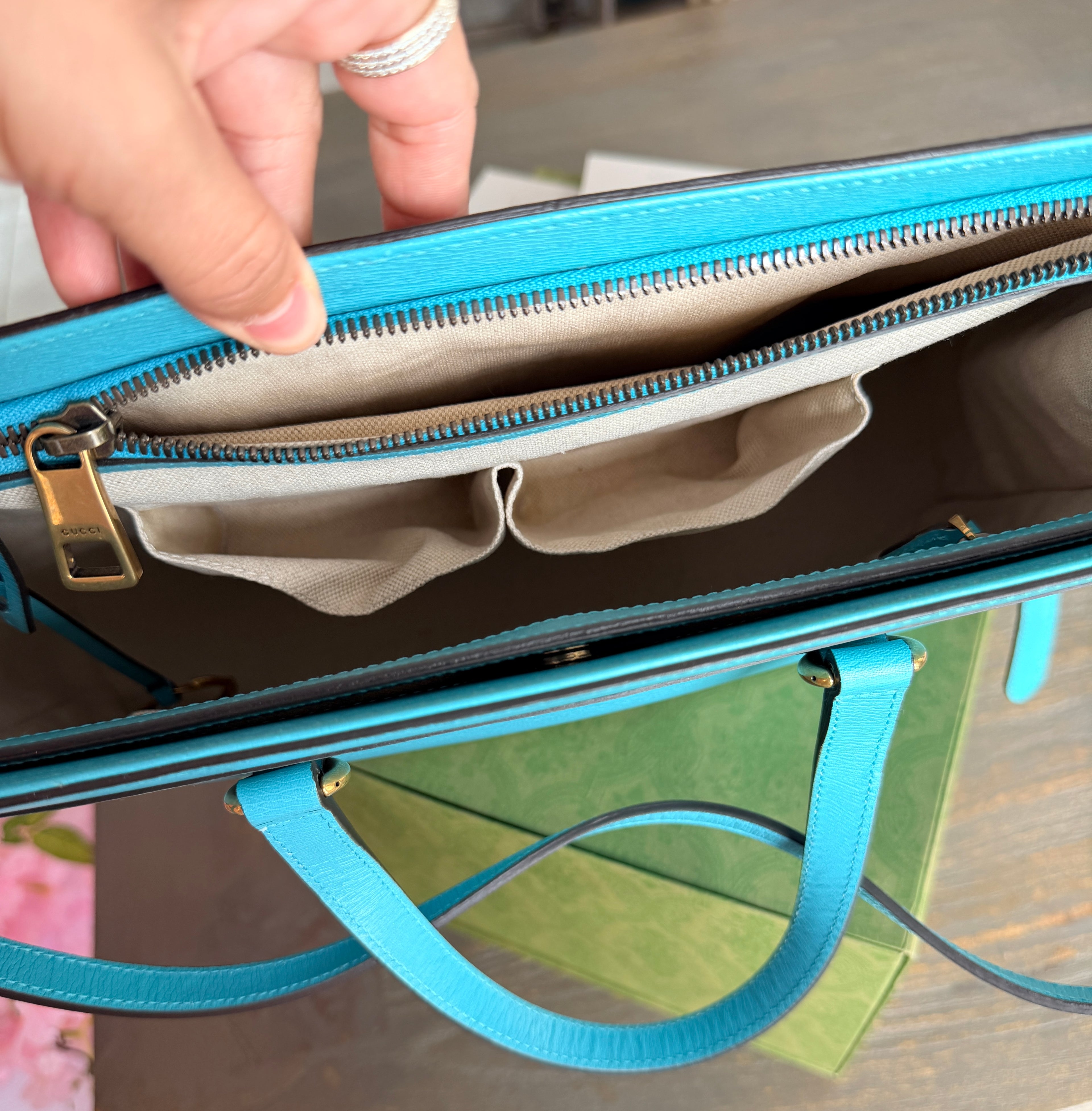 Gucci Horsebit Turquoise Leather Medium Tote Bag
