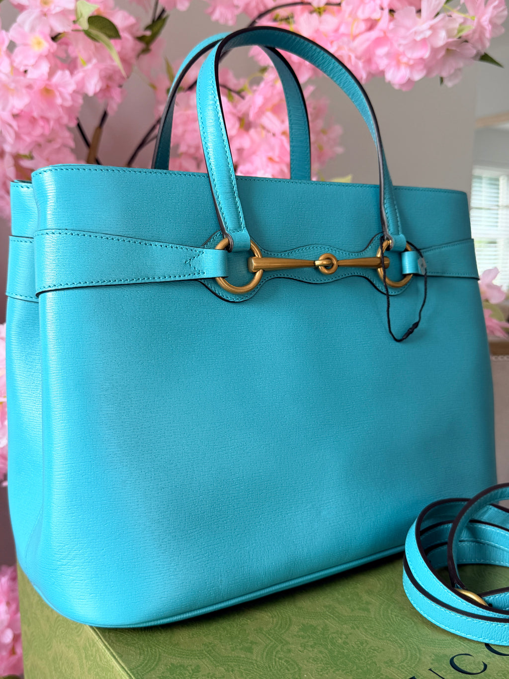 Gucci Horsebit Turquoise Leather Medium Tote Bag