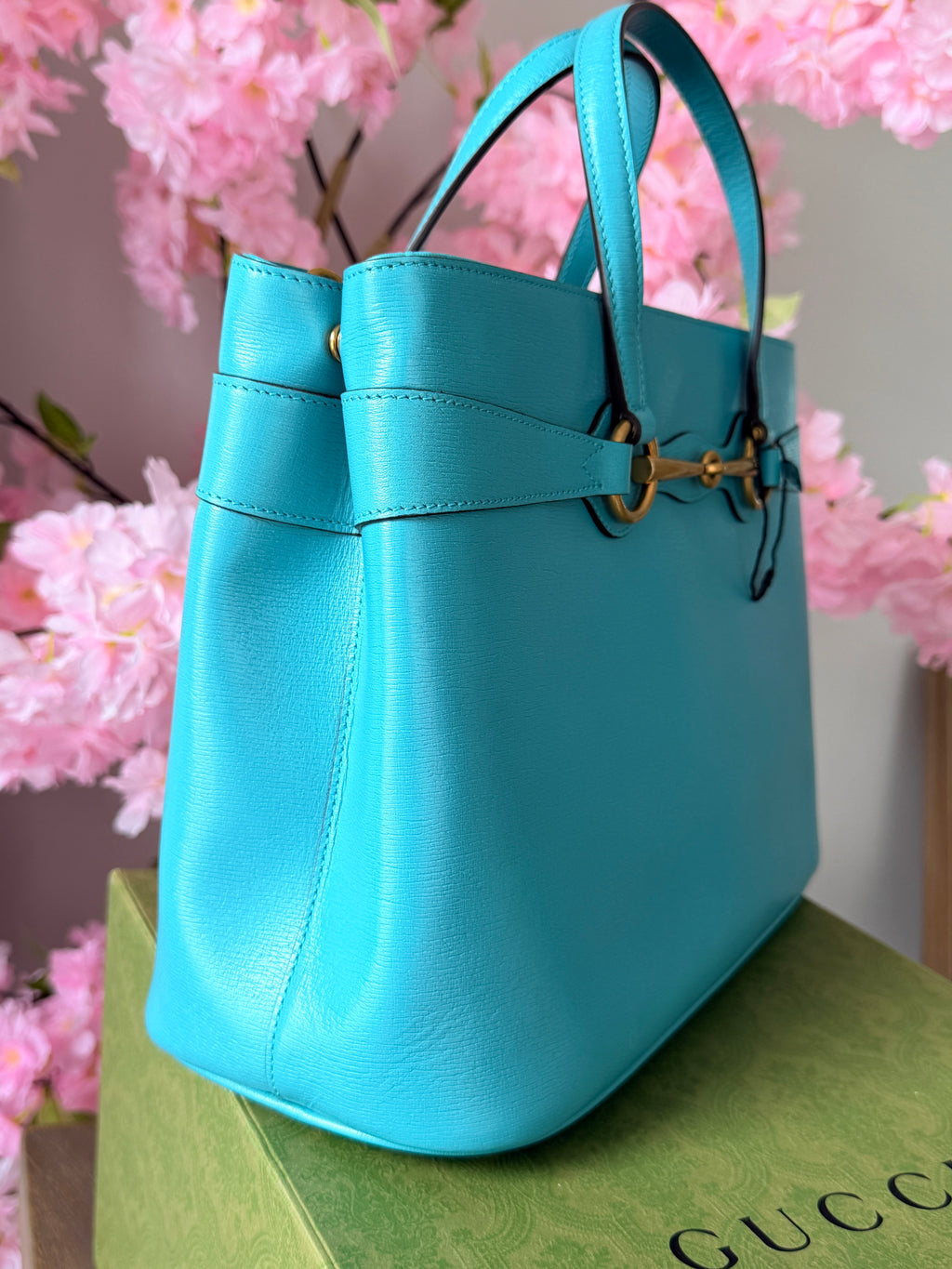 Gucci Horsebit Turquoise Leather Medium Tote Bag