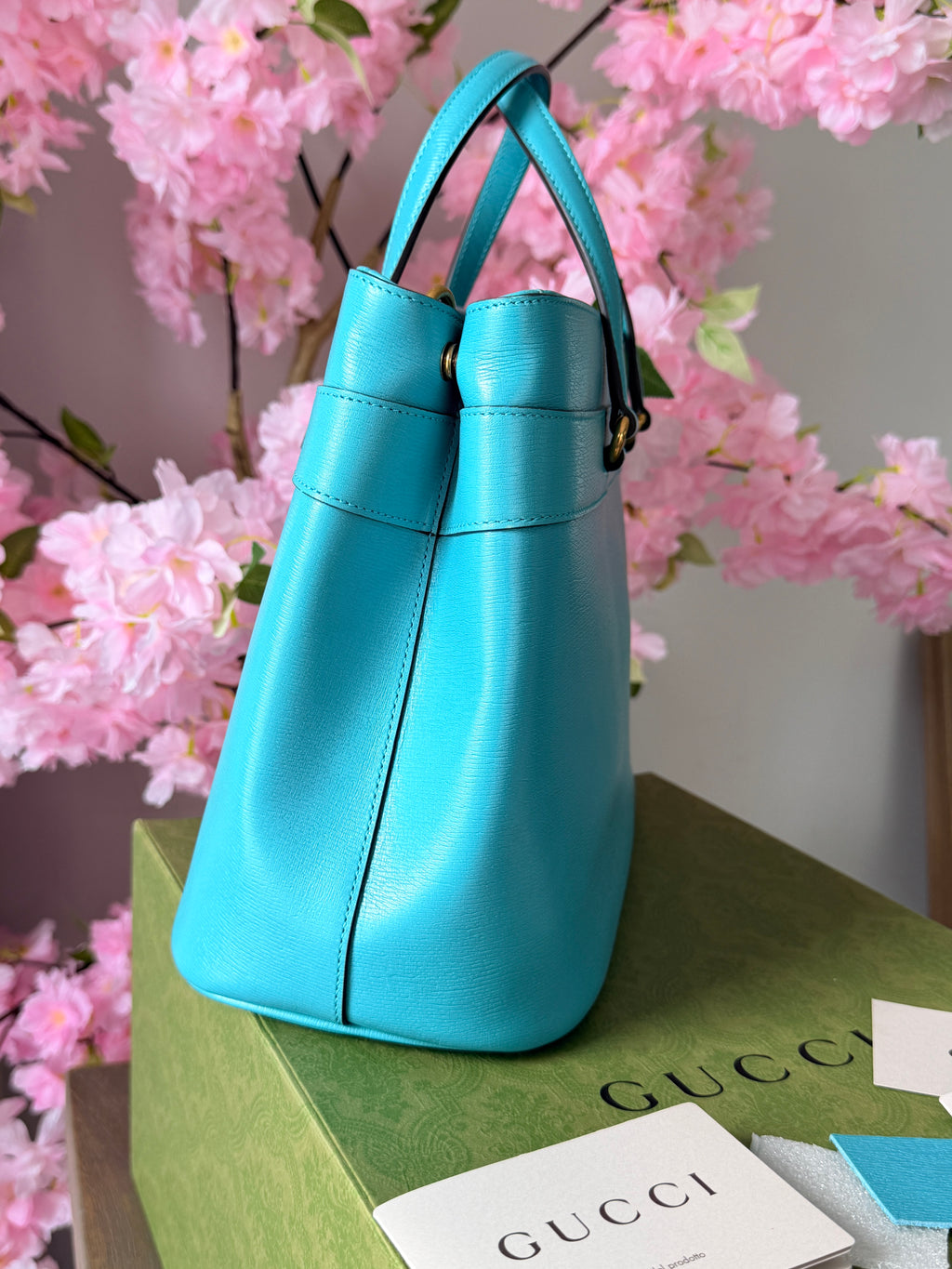 Gucci Horsebit Turquoise Leather Medium Tote Bag