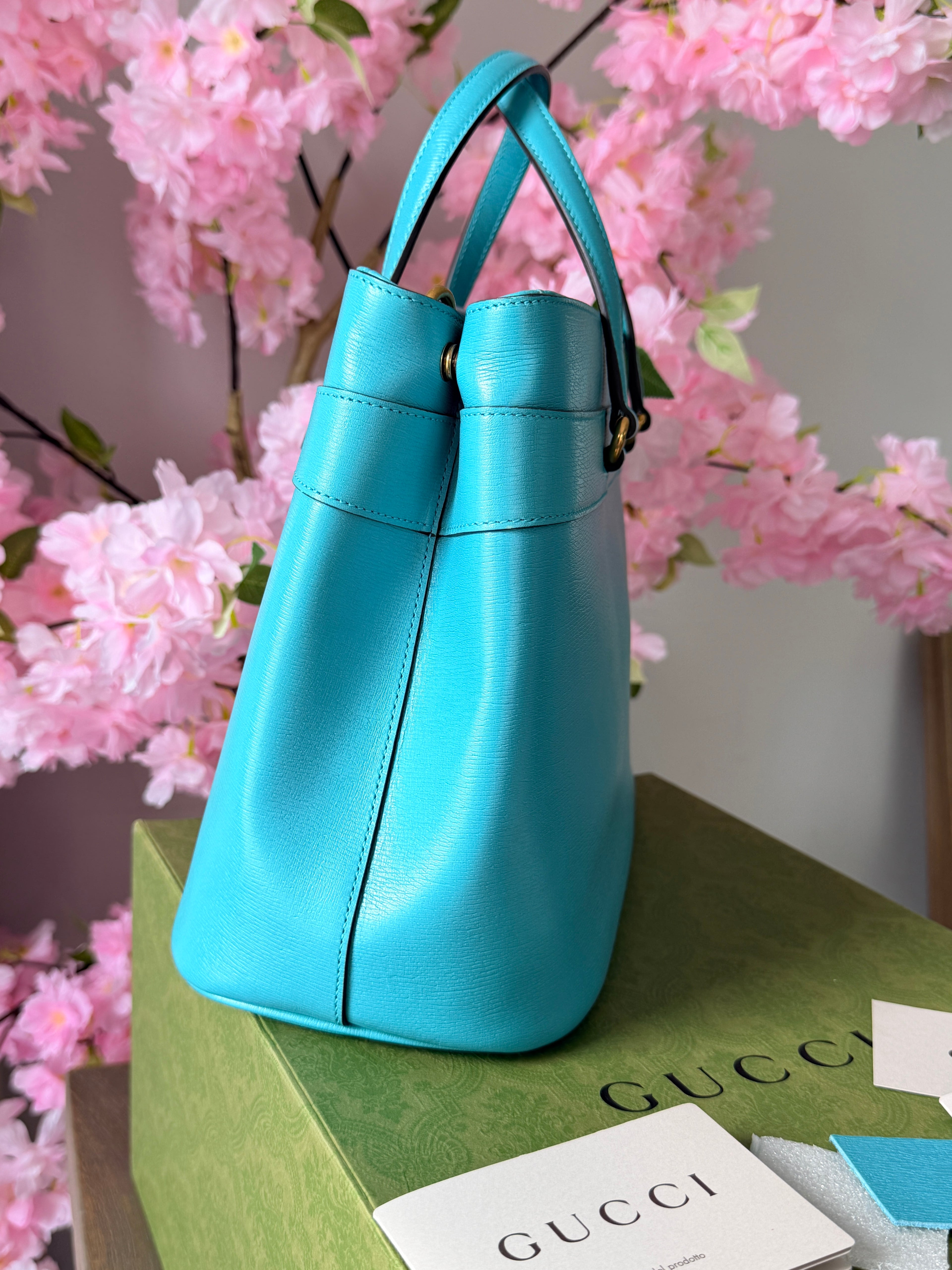 Gucci Horsebit Turquoise Leather Medium Tote Bag