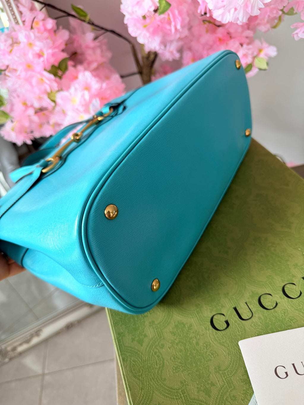 Gucci Horsebit Turquoise Leather Medium Tote Bag