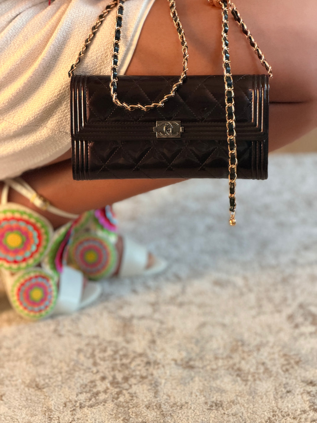 Chanel Boy Wallet Burgundy Patent Leather Silver Hardware