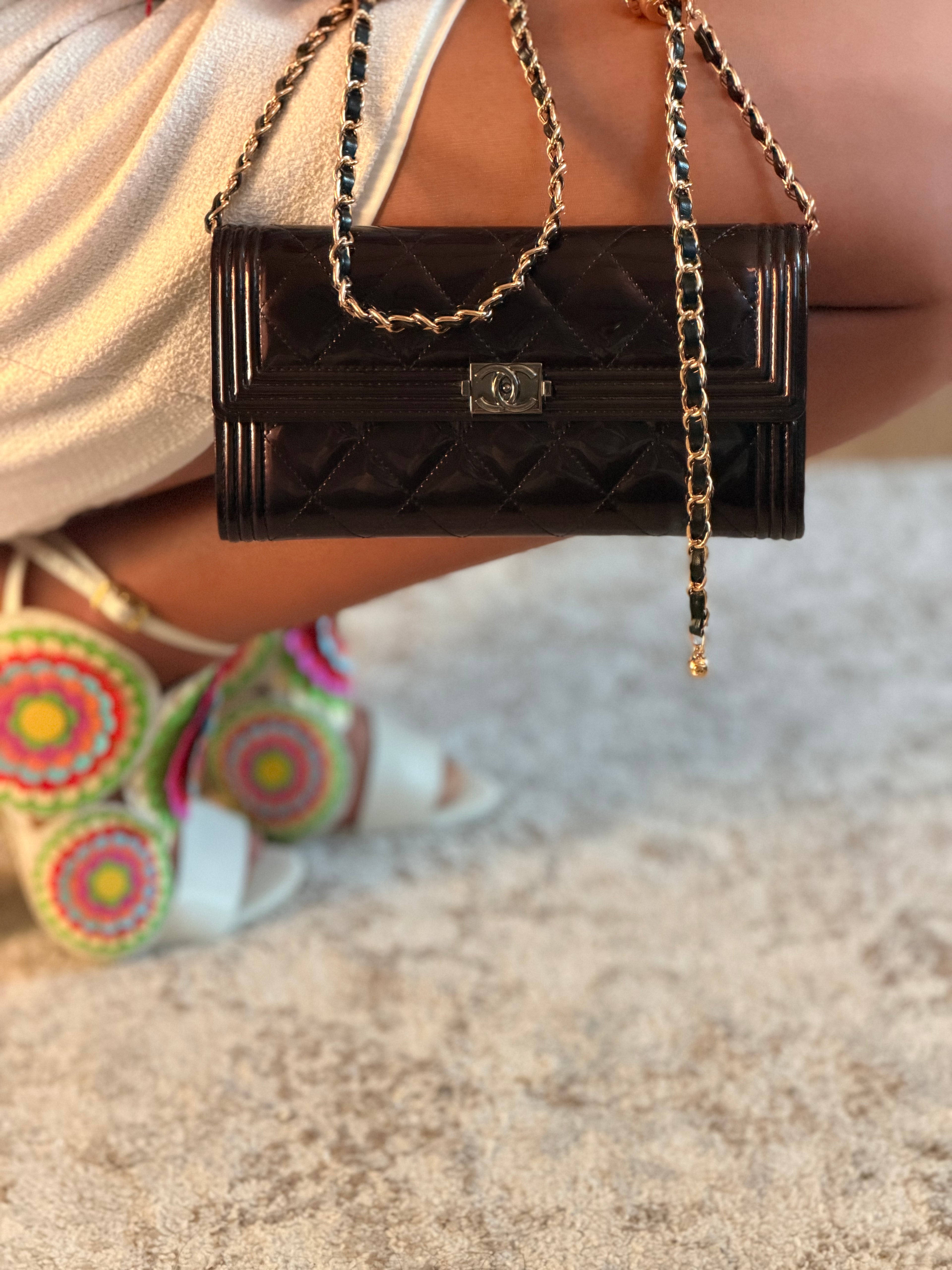 Chanel Boy Wallet Burgundy Patent Leather Silver Hardware