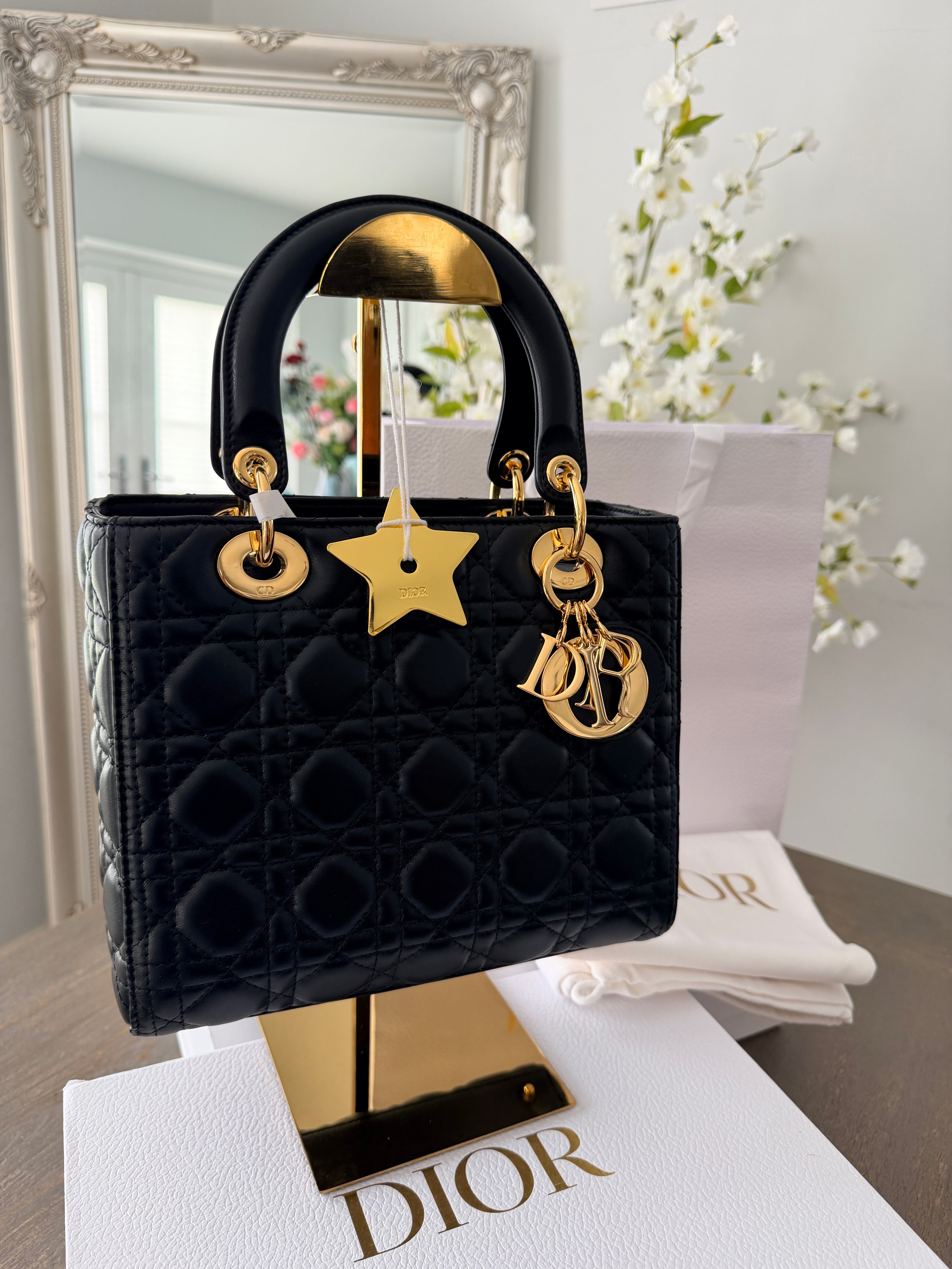 Christian Dior Lady Dior 2018 Medium Handbag Black Cannage Lambskin Gold Tone Hardware