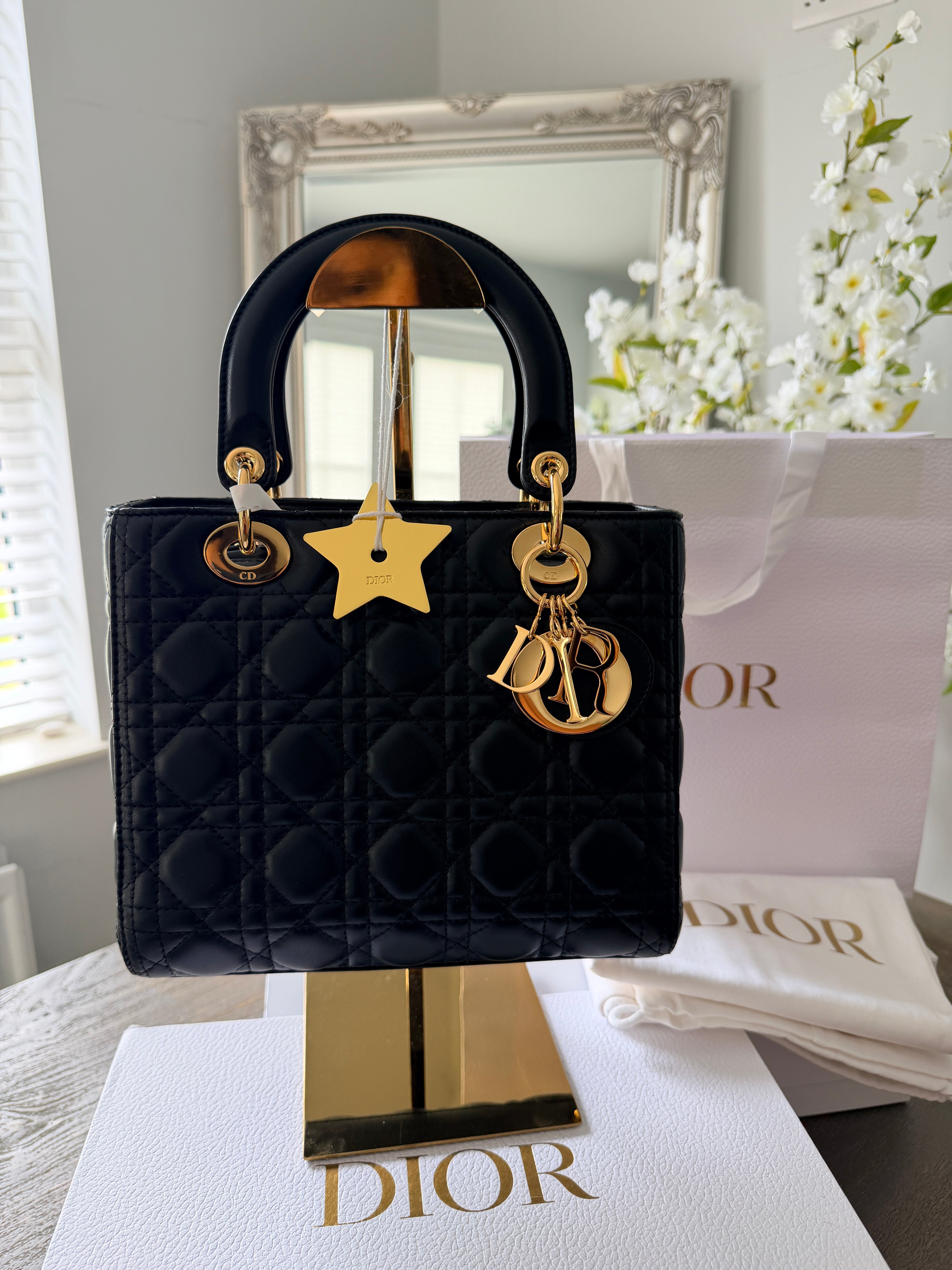 Christian Dior Lady Dior 2018 Medium Handbag Black Cannage Lambskin Gold Tone Hardware