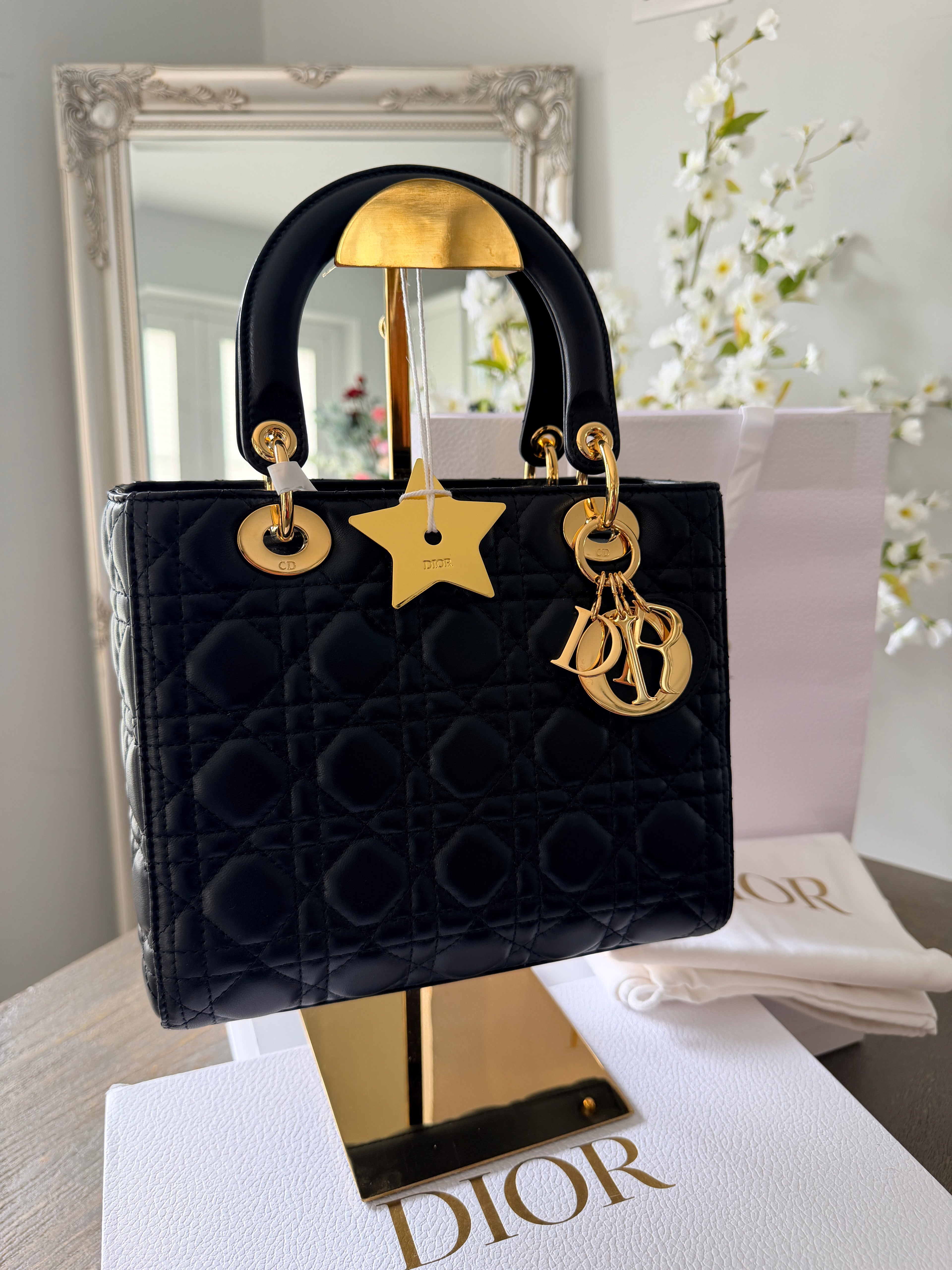 Christian Dior Lady Dior 2018 Medium Handbag Black Cannage Lambskin Gold Tone Hardware