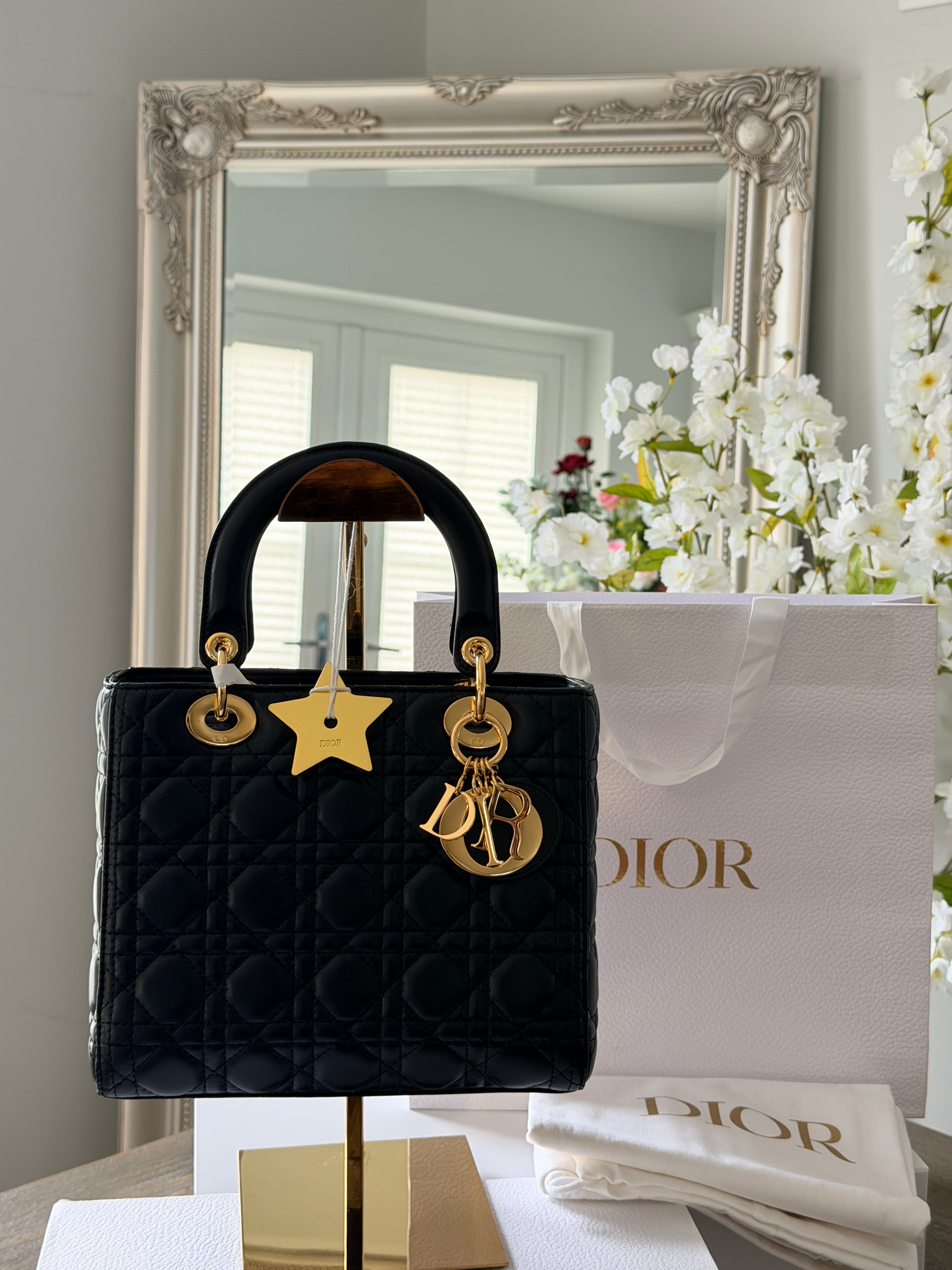 Christian Dior Lady Dior 2018 Medium Handbag Black Cannage Lambskin Gold Tone Hardware