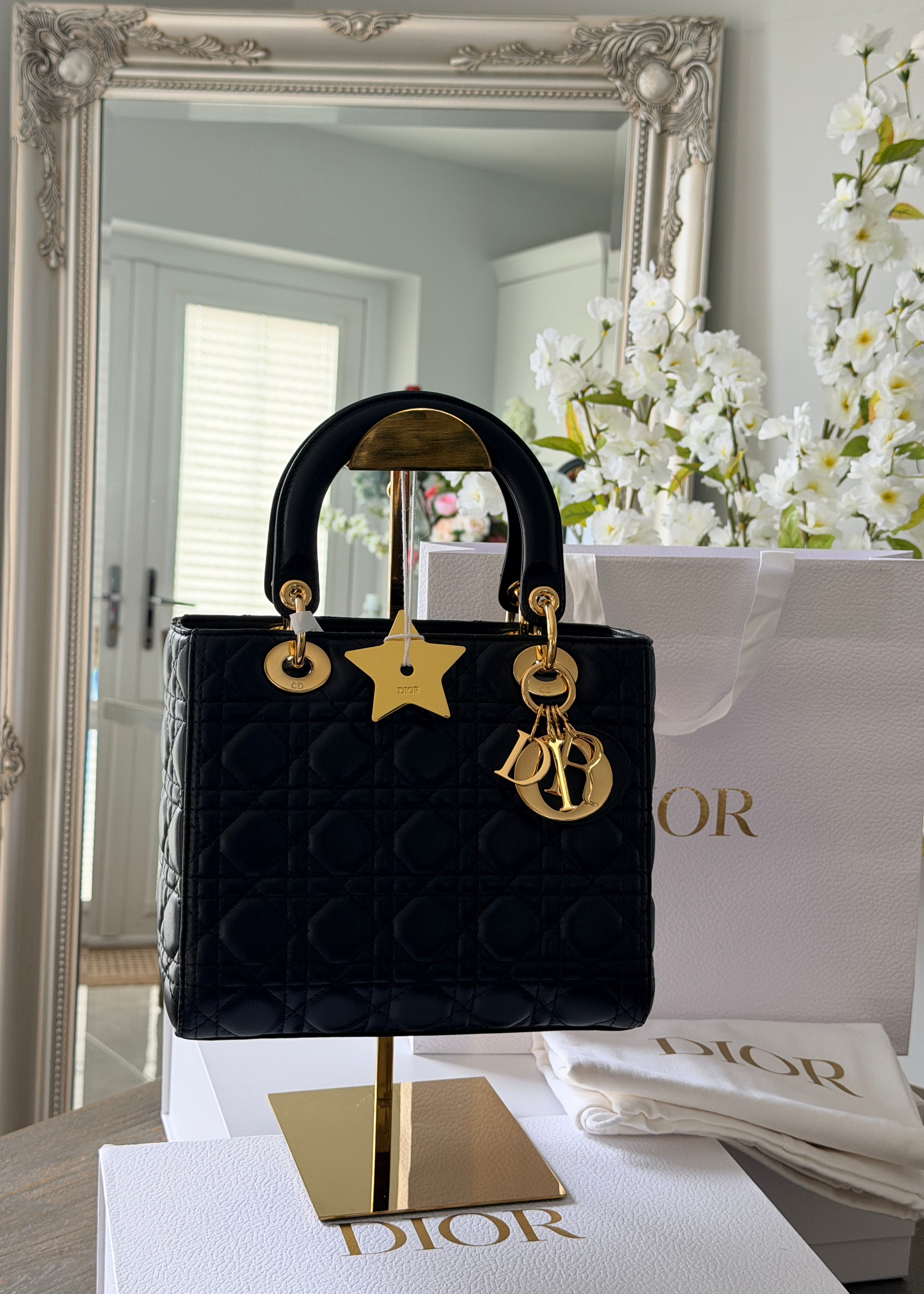 Christian Dior Lady Dior 2018 Medium Handbag Black Cannage Lambskin Gold Tone Hardware