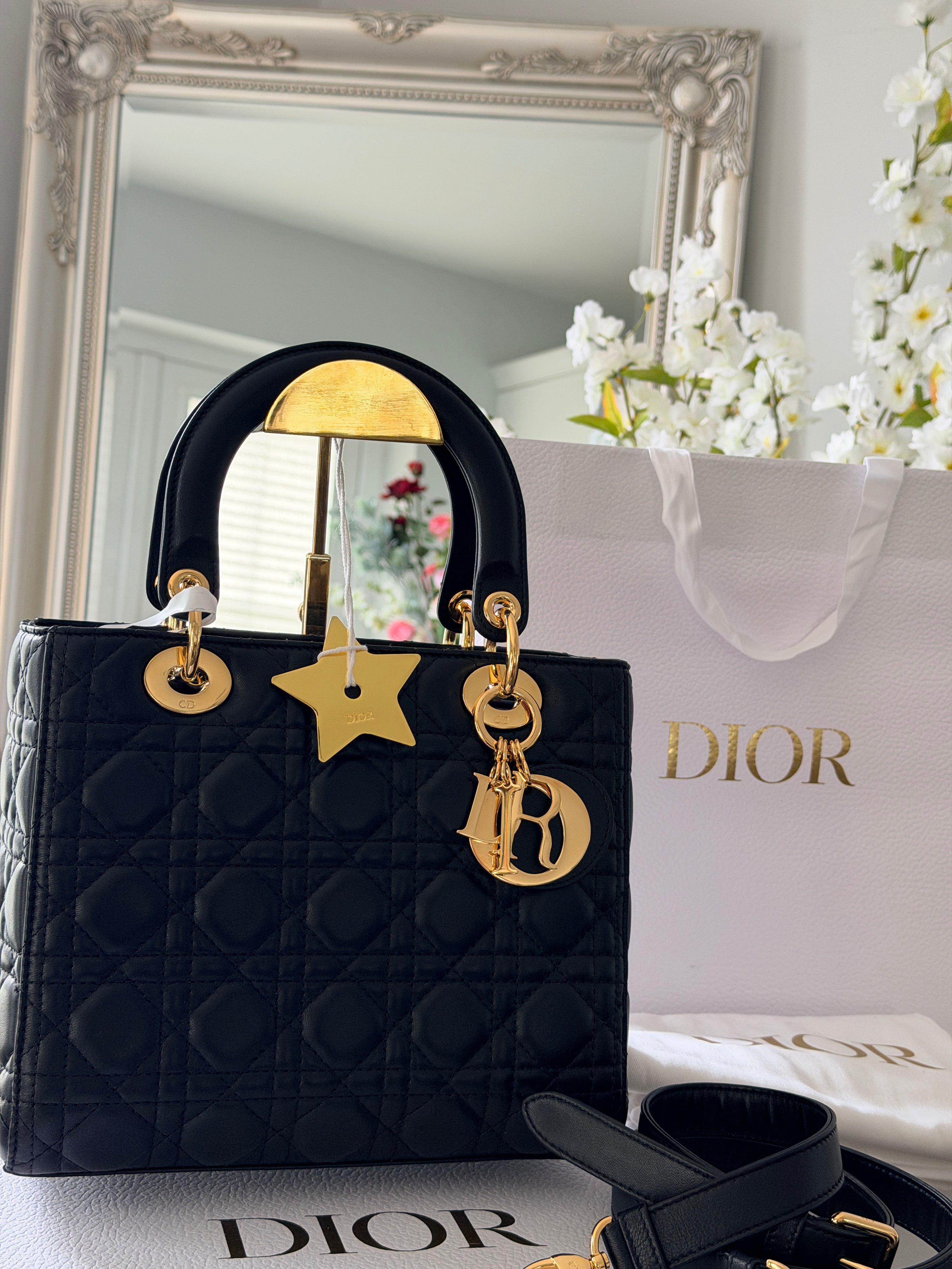 Christian Dior Lady Dior 2018 Medium Handbag Black Cannage Lambskin Gold Tone Hardware
