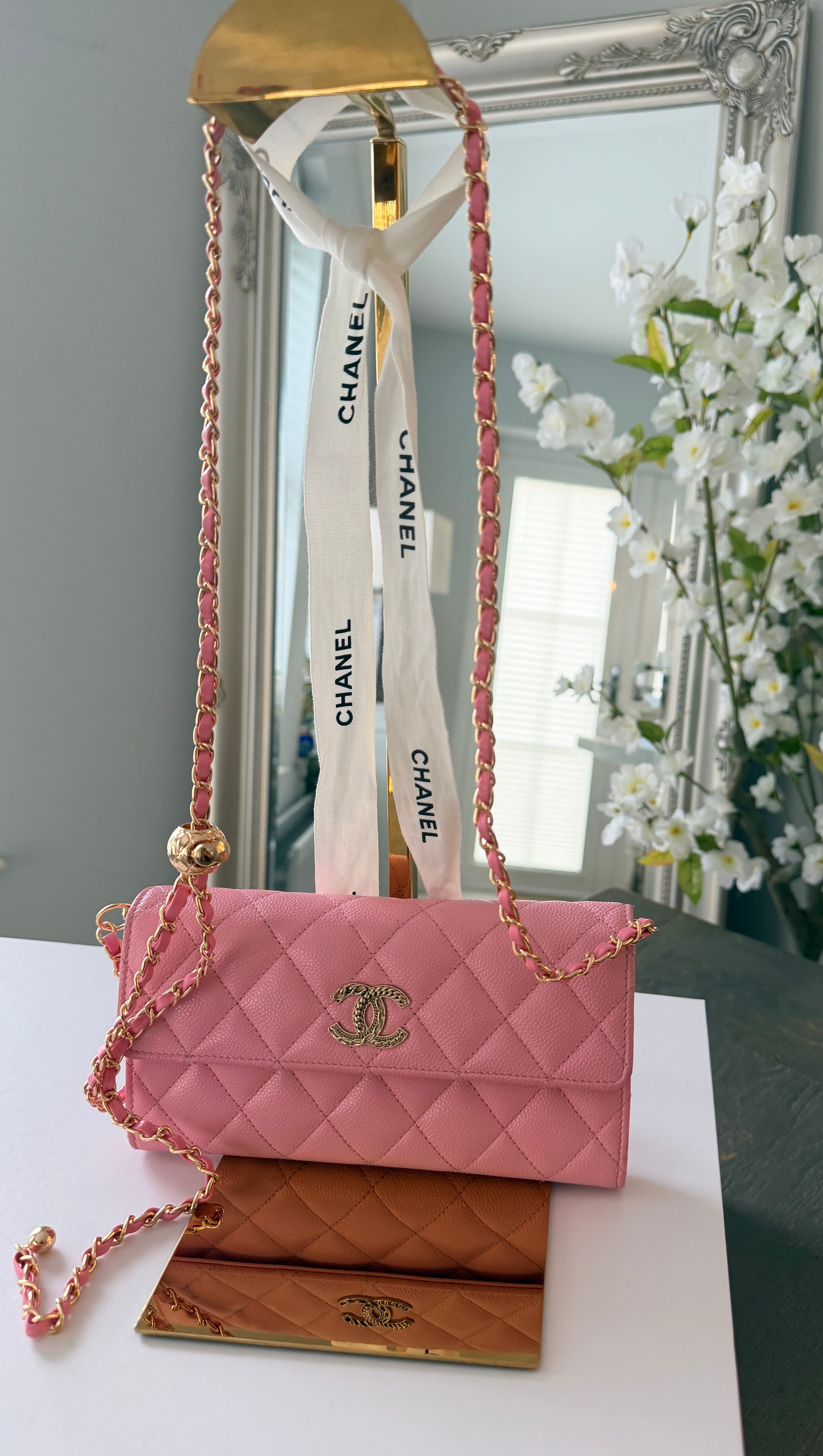 Chanel Gusset Long Wallet Pink Caviar Leather Gold Hardware
