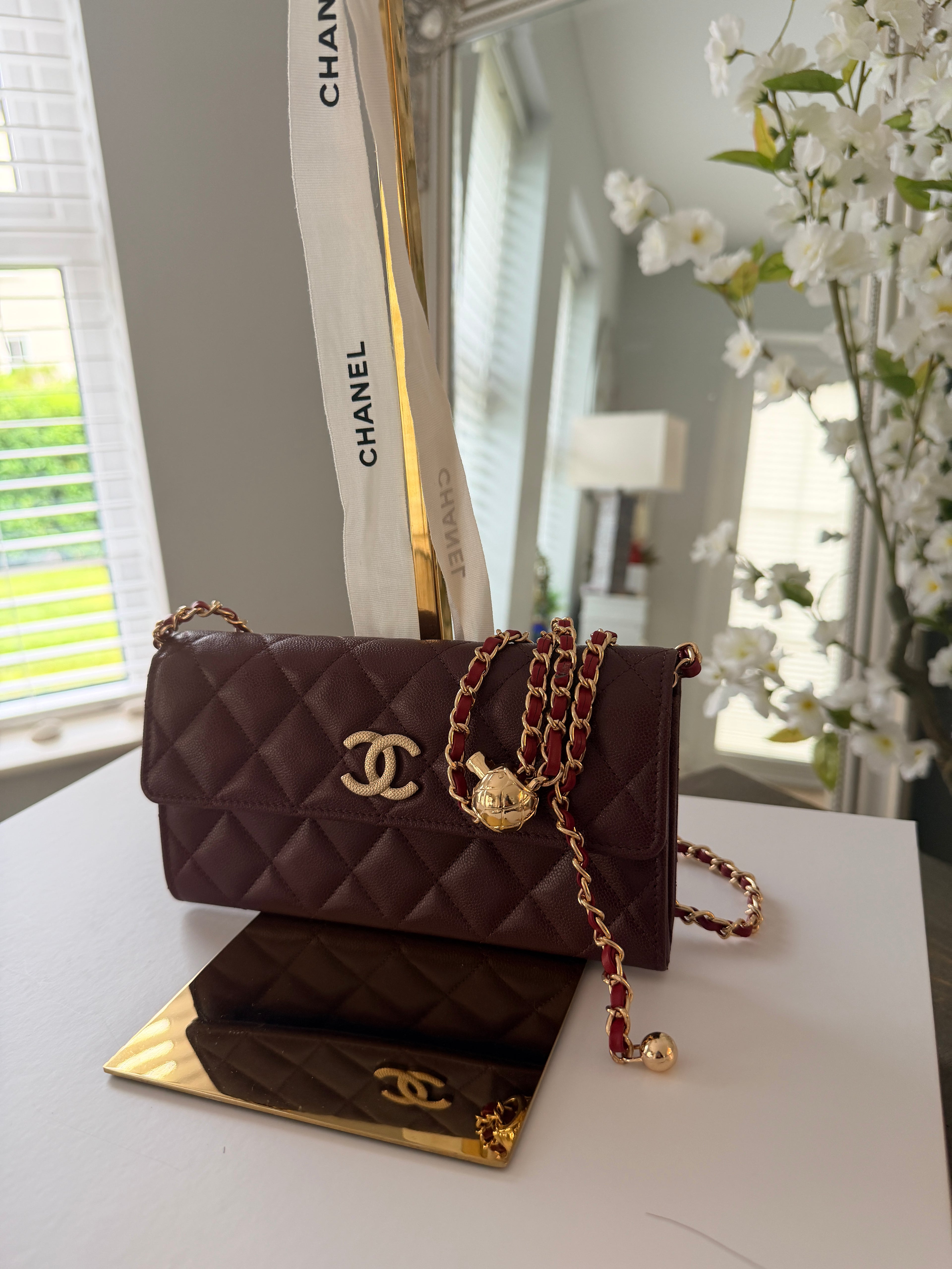 Chanel Long Flap Wallet Burgundy Caviar Leather Gold Hardware