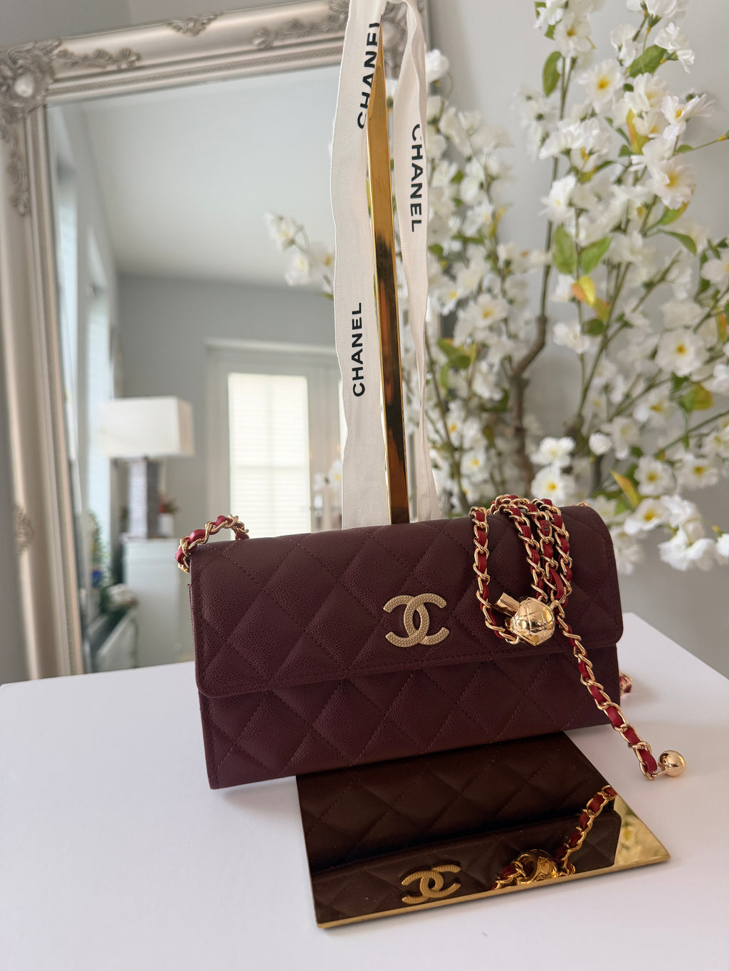 Chanel Long Flap Wallet Burgundy Caviar Leather Gold Hardware