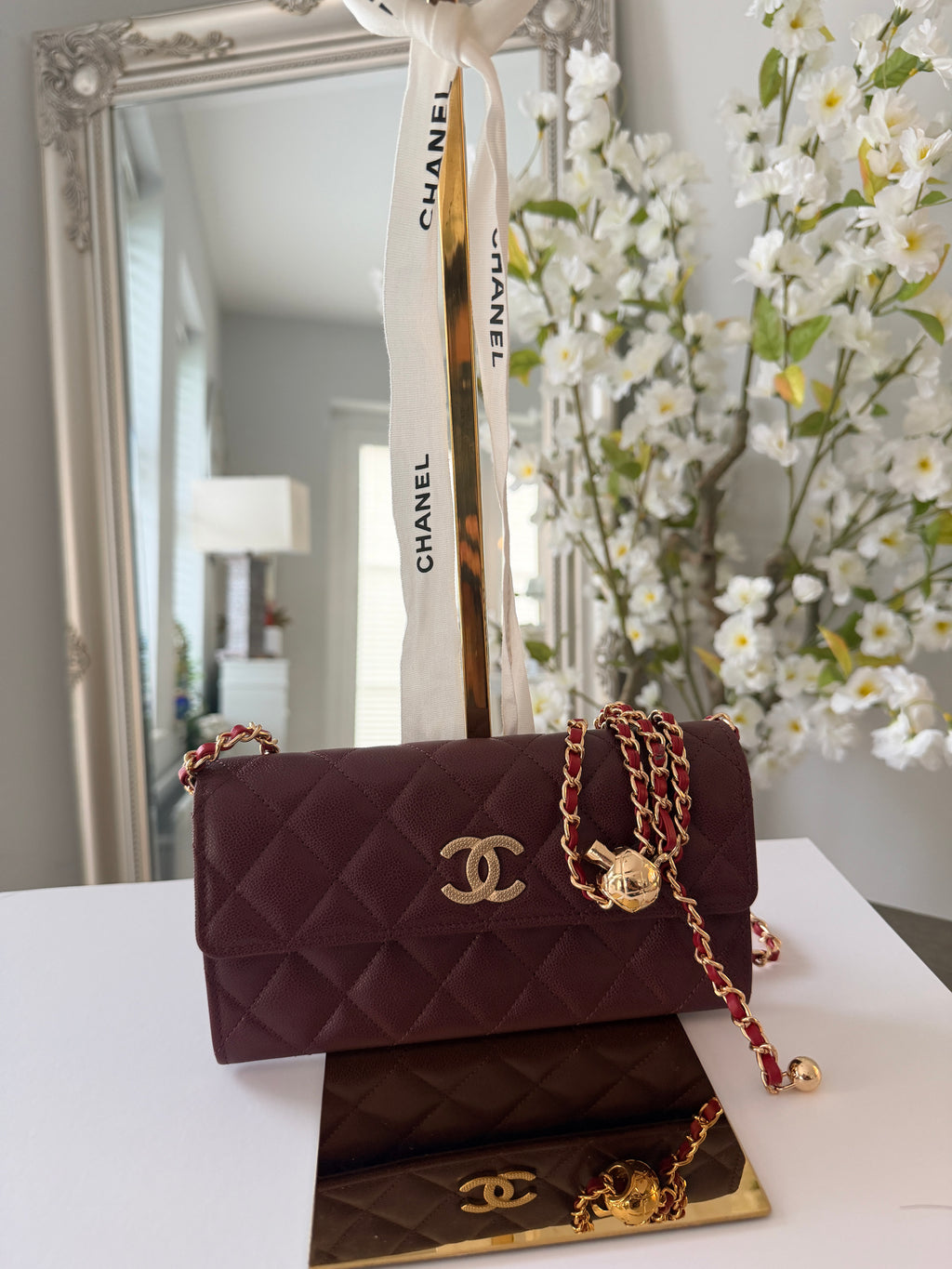 Chanel Long Flap Wallet Burgundy Caviar Leather Gold Hardware