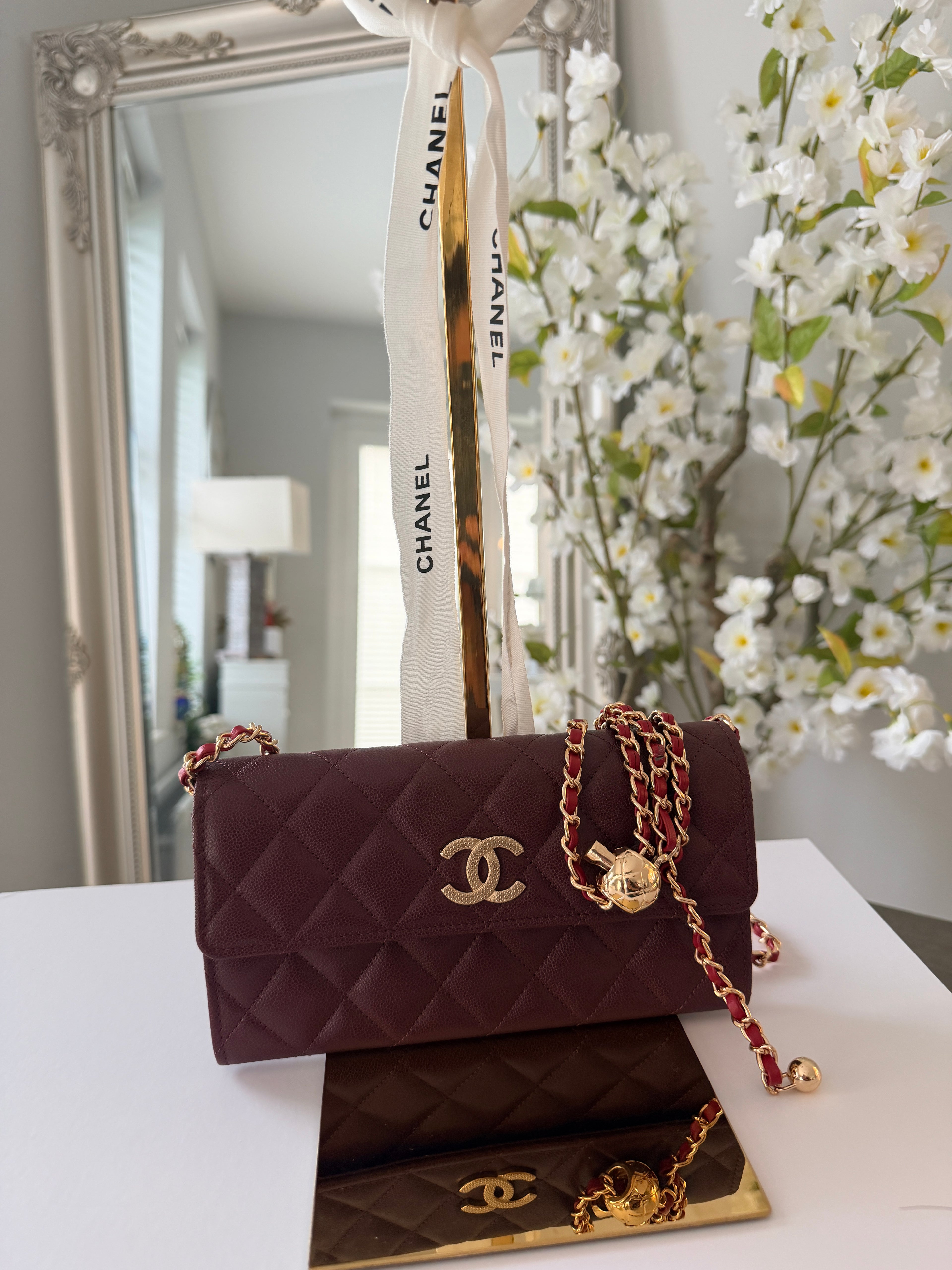 Chanel Long Flap Wallet Burgundy Caviar Leather Gold Hardware