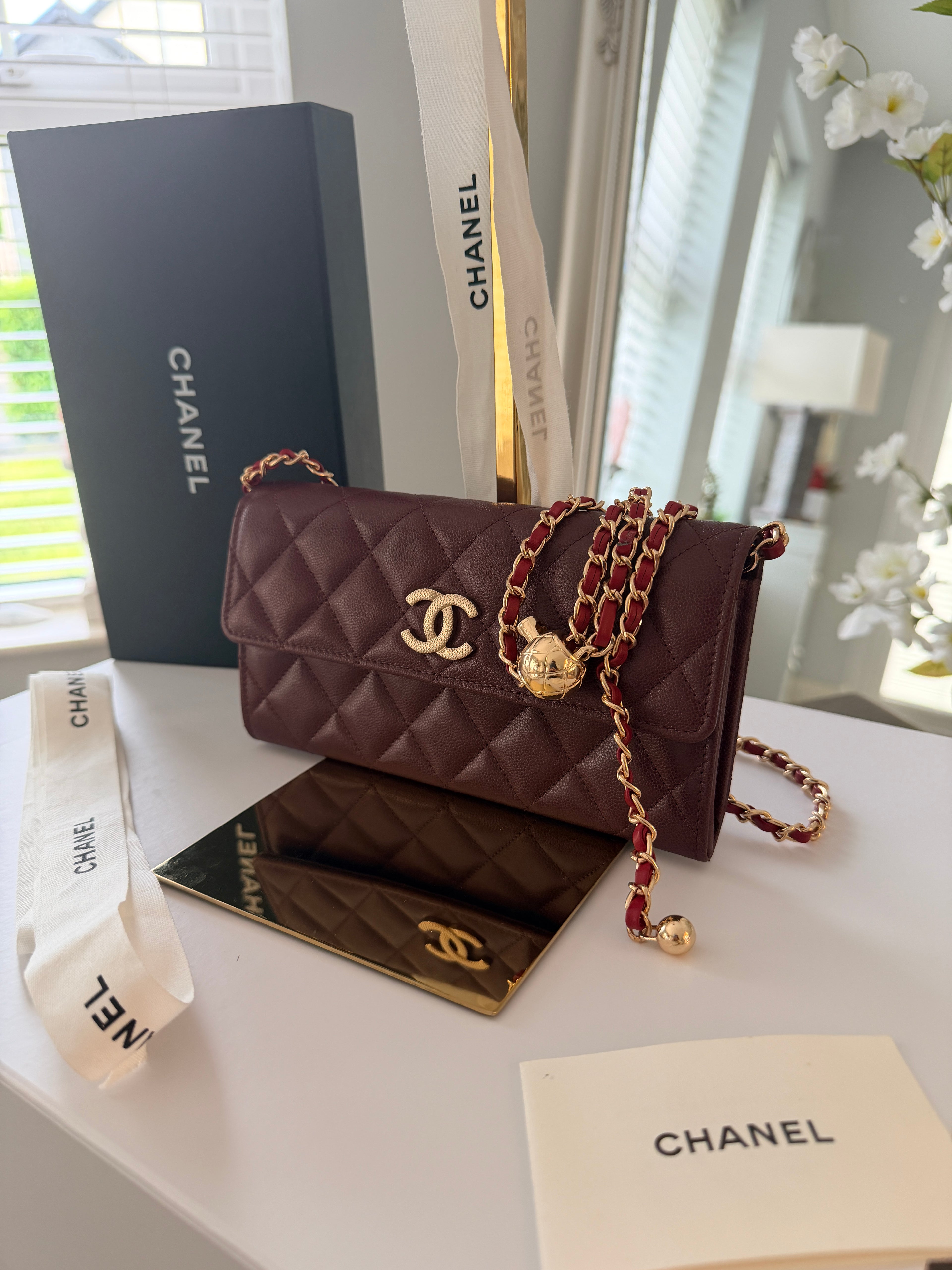 Chanel Long Flap Wallet Burgundy Caviar Leather Gold Hardware