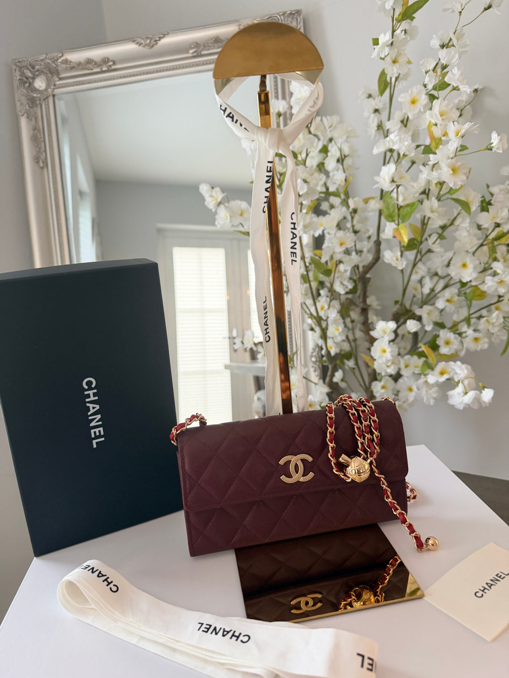 Chanel Long Flap Wallet Burgundy Caviar Leather Gold Hardware