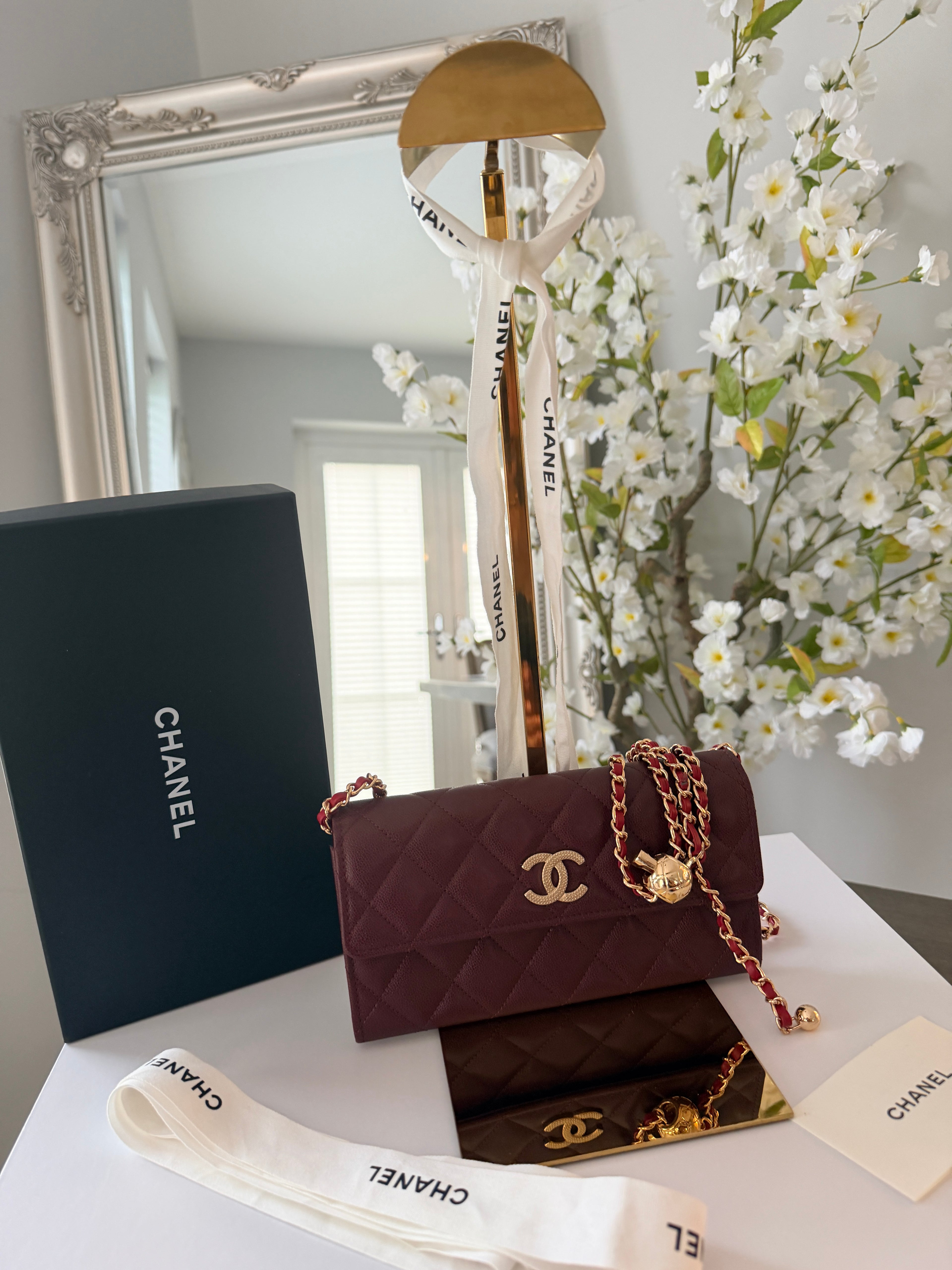 Chanel Long Flap Wallet Burgundy Caviar Leather Gold Hardware