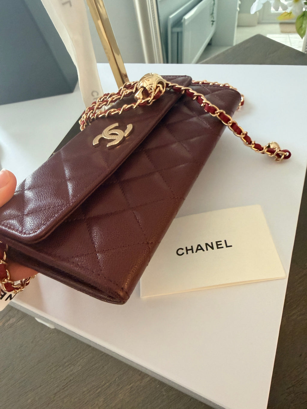 Chanel Long Flap Wallet Burgundy Caviar Leather Gold Hardware