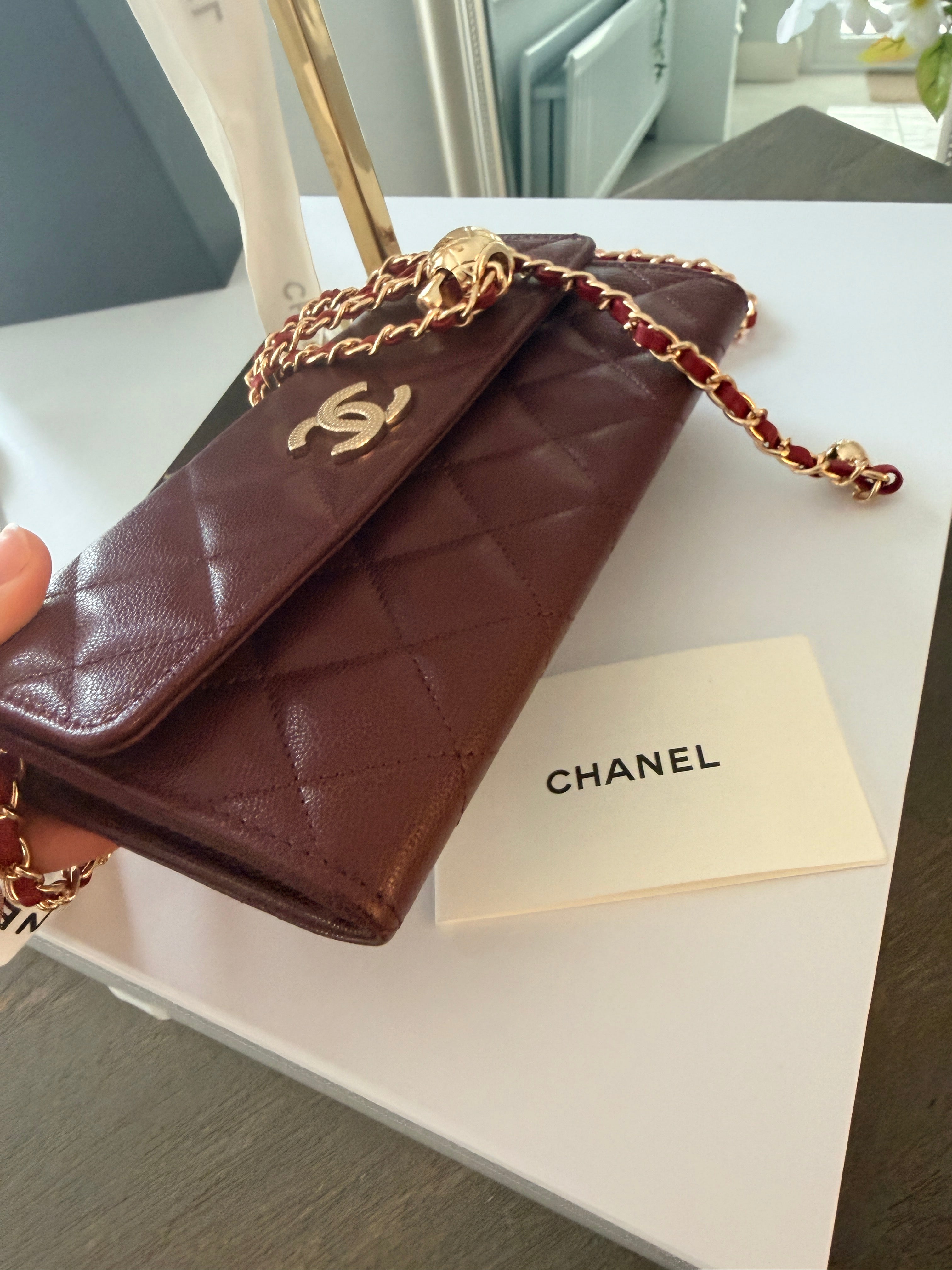 Chanel Long Flap Wallet Burgundy Caviar Leather Gold Hardware