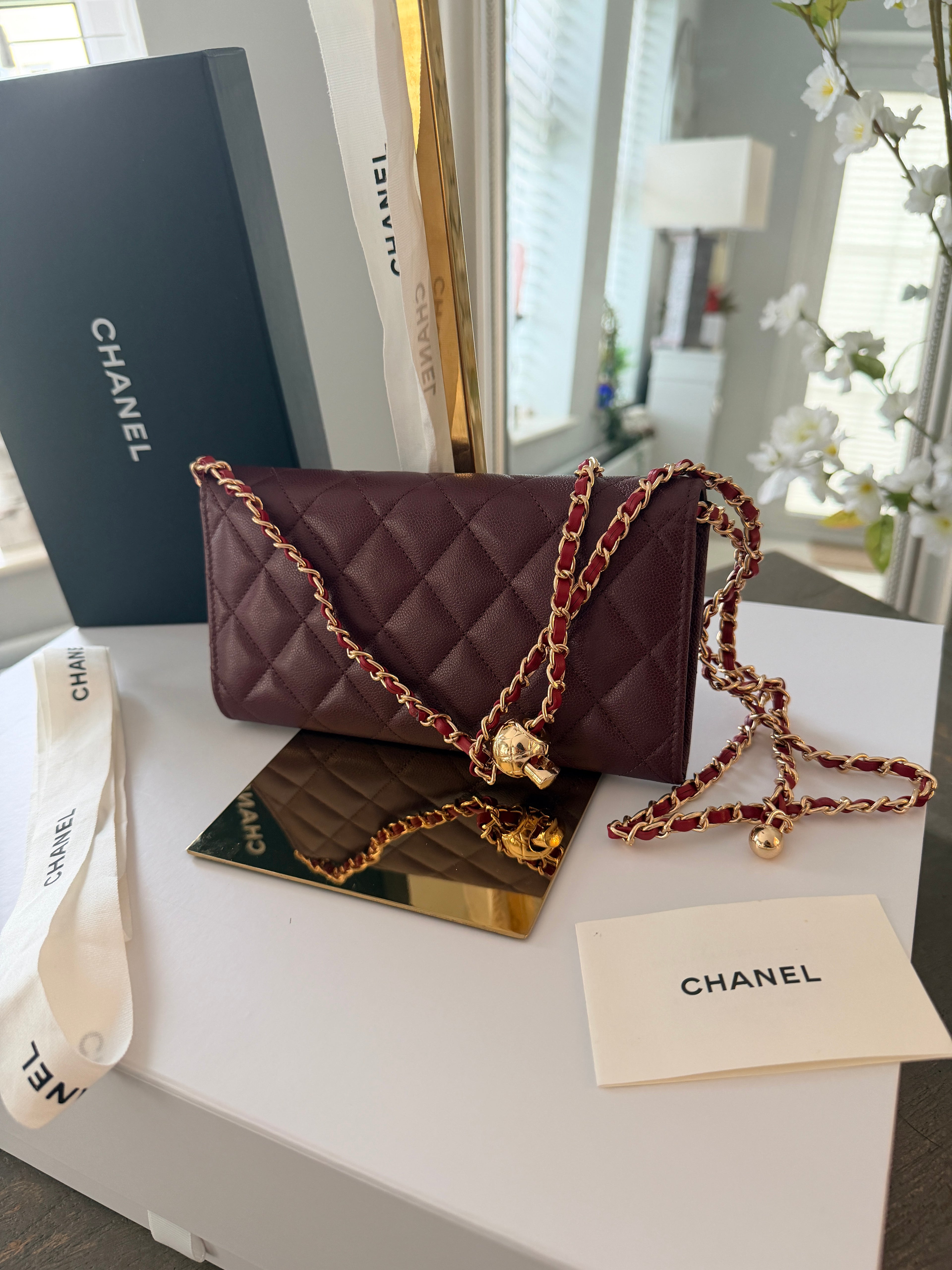 Chanel Long Flap Wallet Burgundy Caviar Leather Gold Hardware
