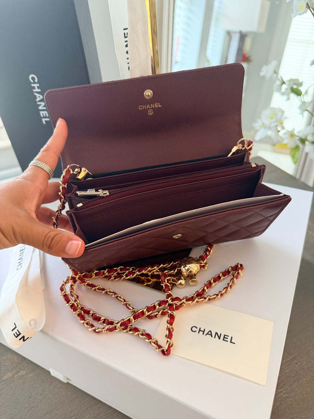 Chanel Long Flap Wallet Burgundy Caviar Leather Gold Hardware