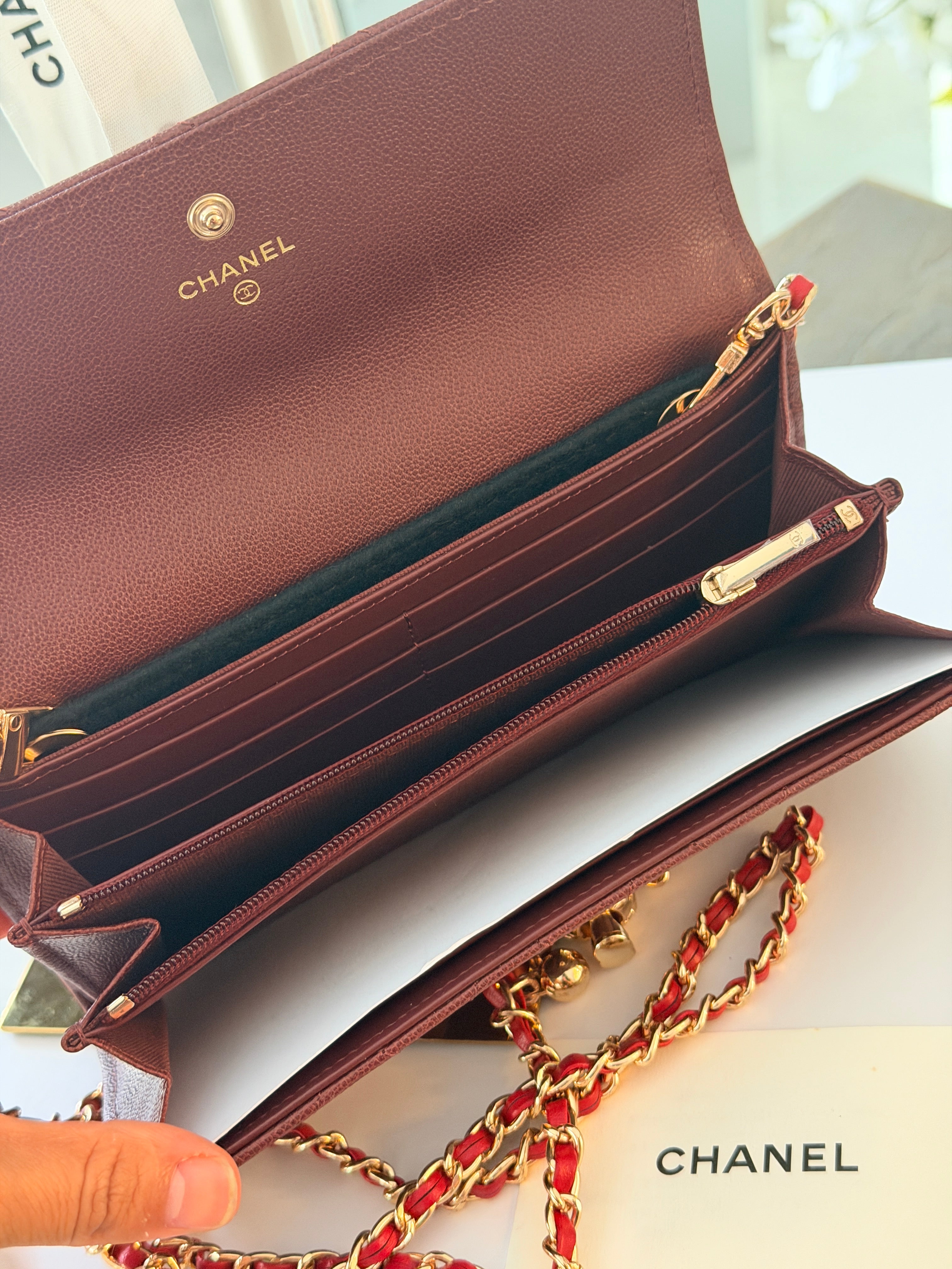 Chanel Long Flap Wallet Burgundy Caviar Leather Gold Hardware
