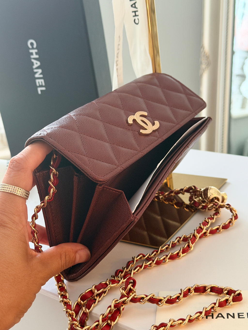 Chanel Long Flap Wallet Burgundy Caviar Leather Gold Hardware