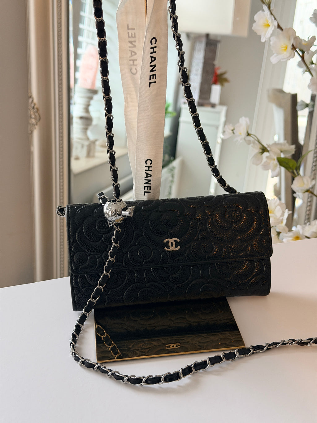 Chanel Camelia Long Wallet Black Caviar Leather Silver Hardware (2021)